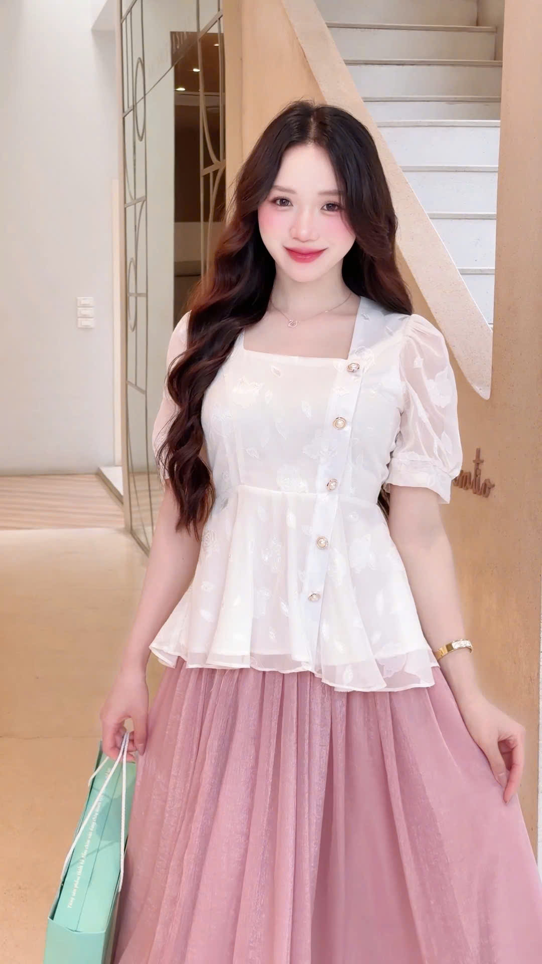 ADELINE HOUSE- Chân váy maxi dáng dài voan- Màu Hồng