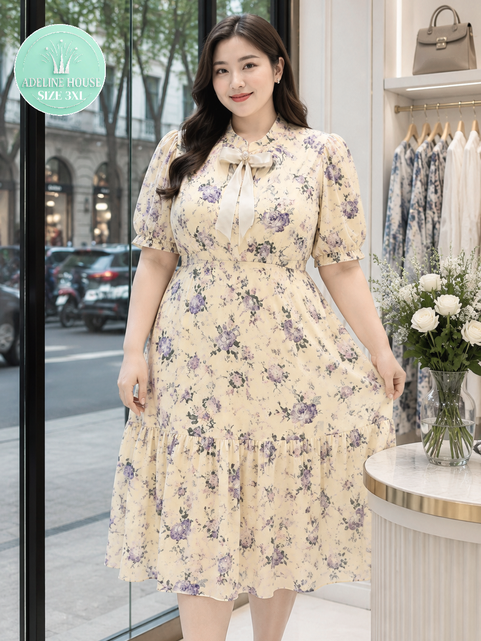 ADELINE HOUSE-🎁Đầm Hoa Vàng Pastel Cổ Nơ - Váy Xòe Dáng A Thanh Lịch TK208.1