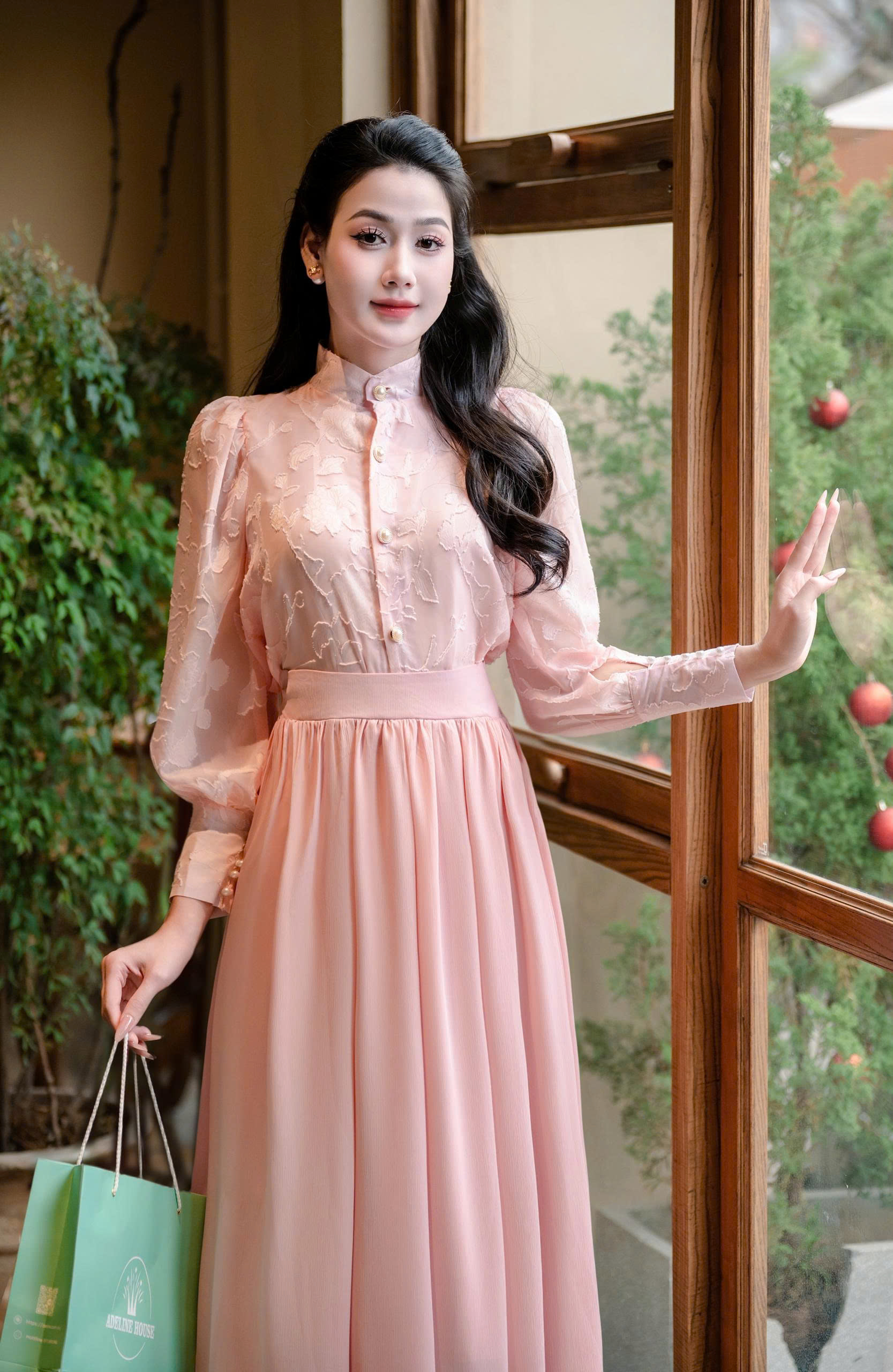 Adeline house -Thiết kế đầm midi màu hồng phấn- TK162.4 SIZE XS S M L XL 2XL 3XL 4XL