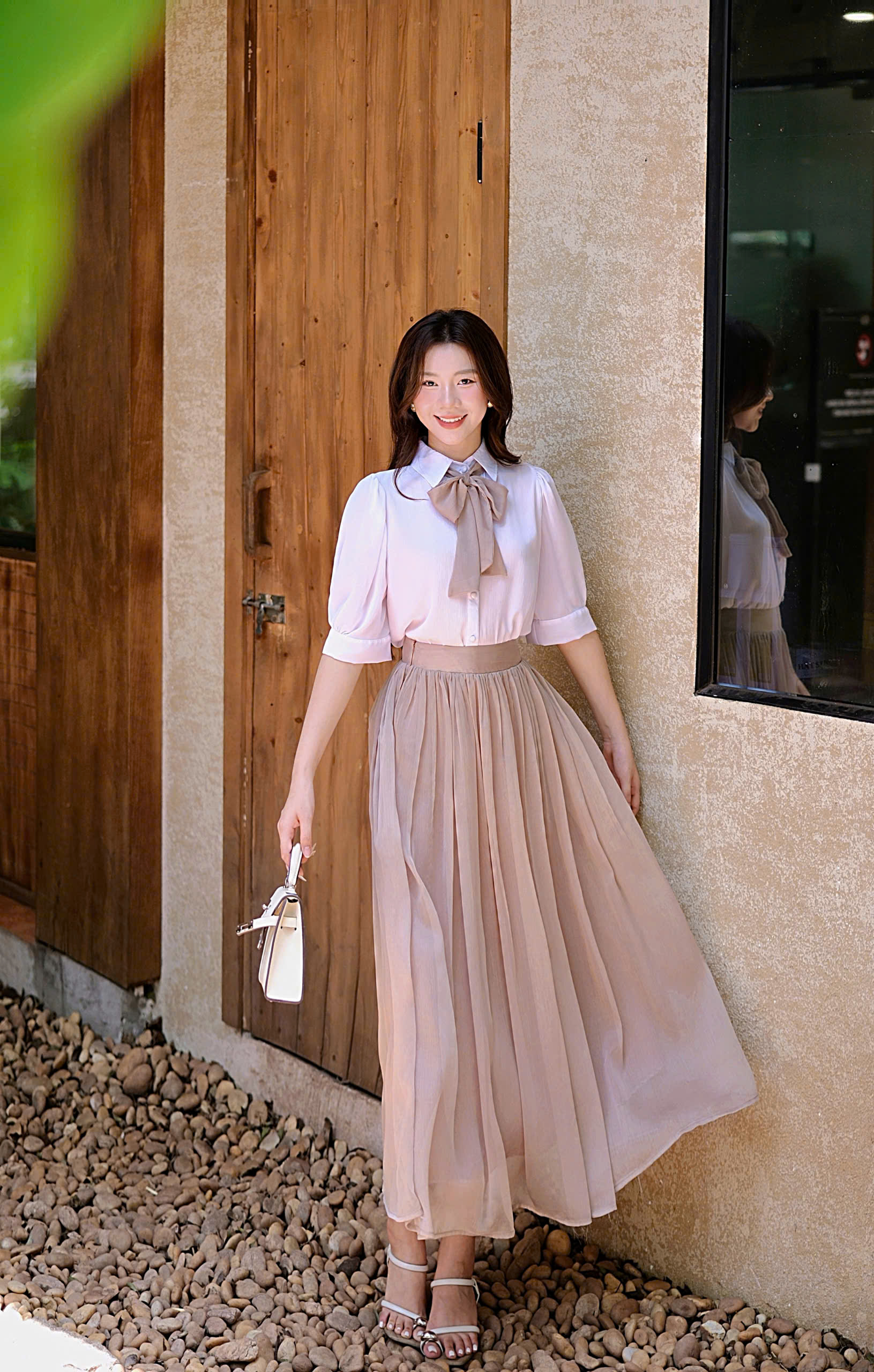 ADELINE HOUSE- Set Tiểu Thư Áo Sơ Mi Nơ Cổ Chân Váy Midi Xếp Ly- TK28.1 NÂU SIZE XS S M L XL 2XL 3XL 4XL