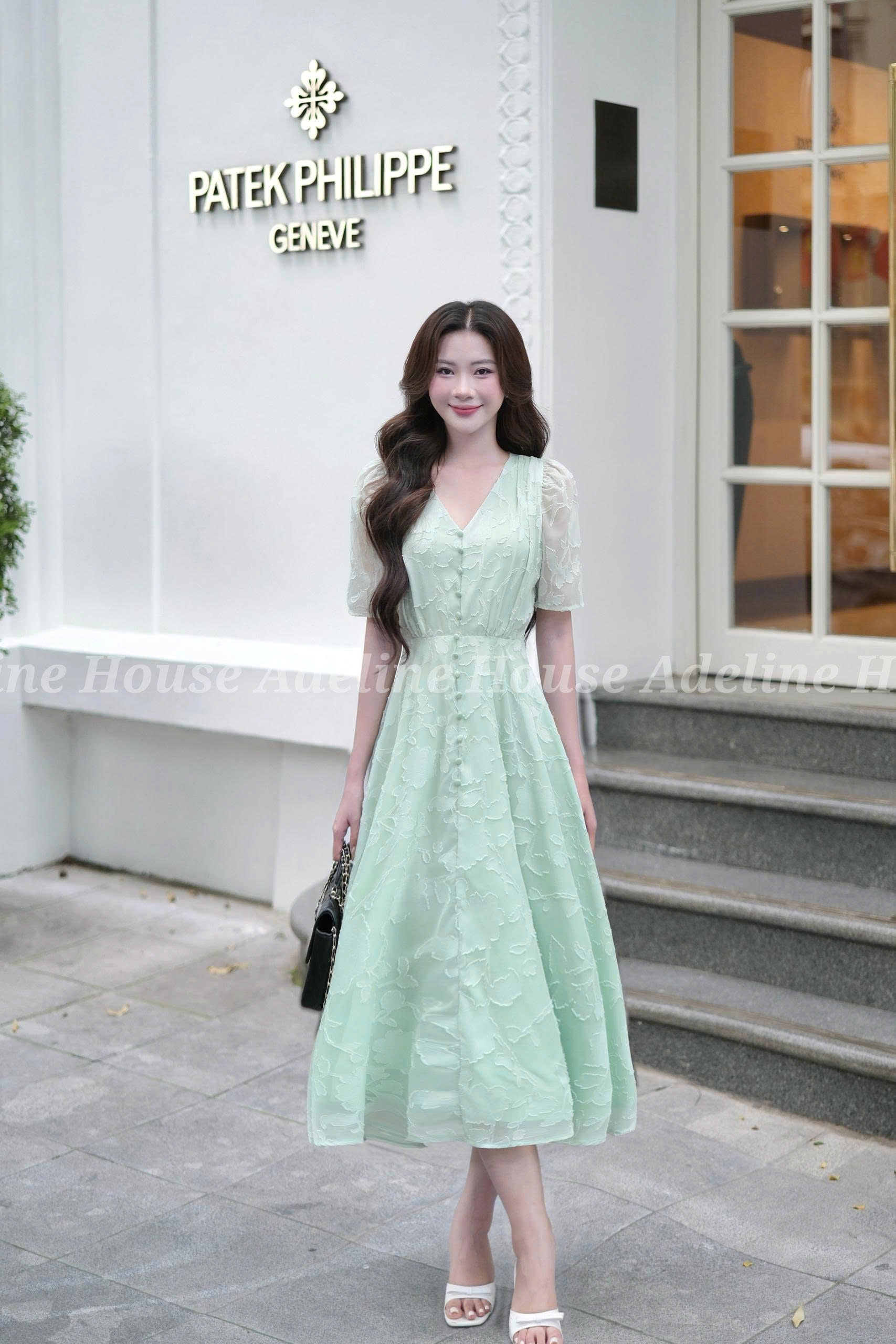 ADELINE HOUSE- Đầm Xòe Voan Xanh – Váy Nữ Cổ V Thanh Lịch Cao Cấp - TK02.3 SIZE XS S M L XL 2XL 3XL 4XL