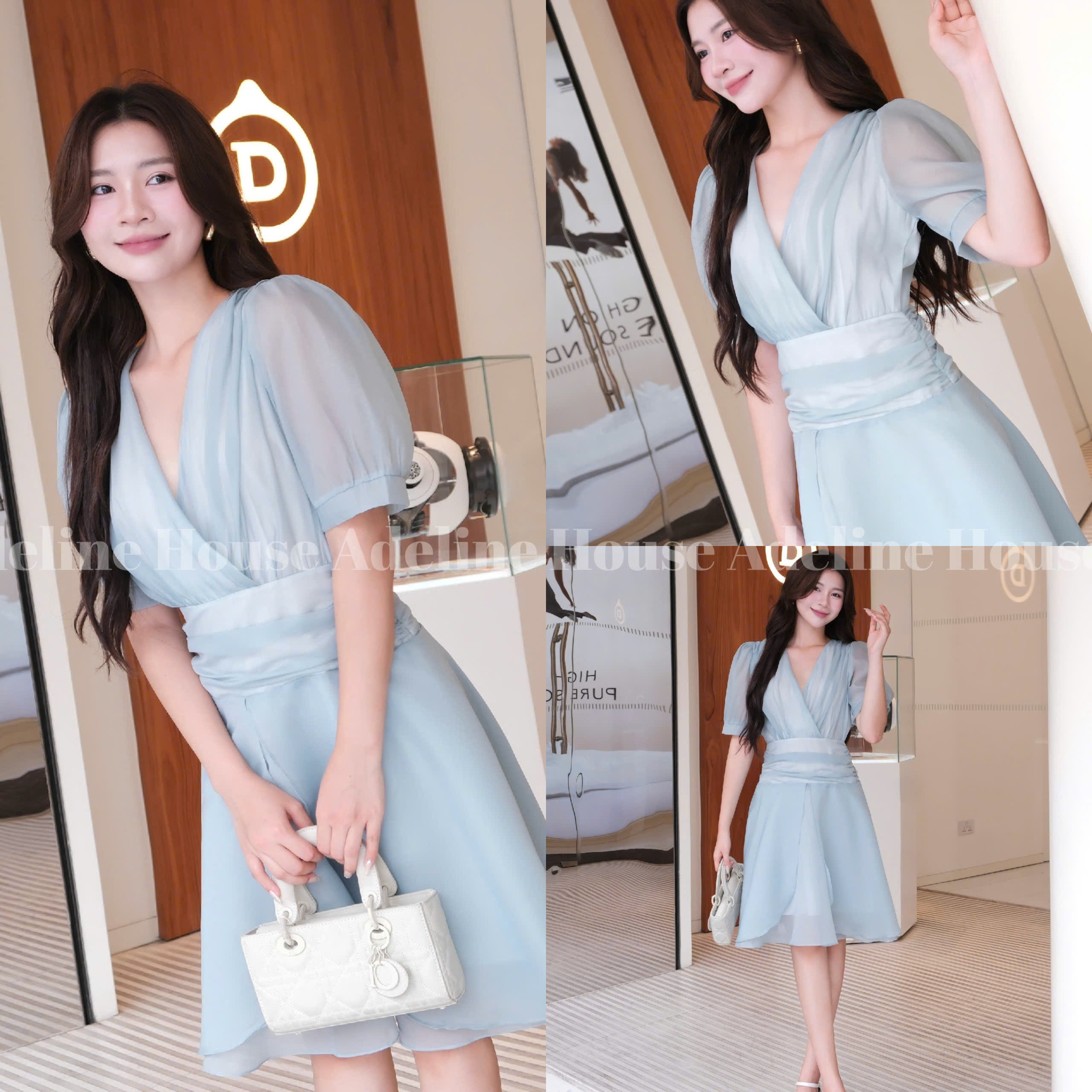 ADELINE HOUSE- Đầm Xanh Ngọc Pastel Cổ V Dáng Xòe – Váy Thiết Kế Nữ Tính Thanh Lịch Adeline- TK58.1