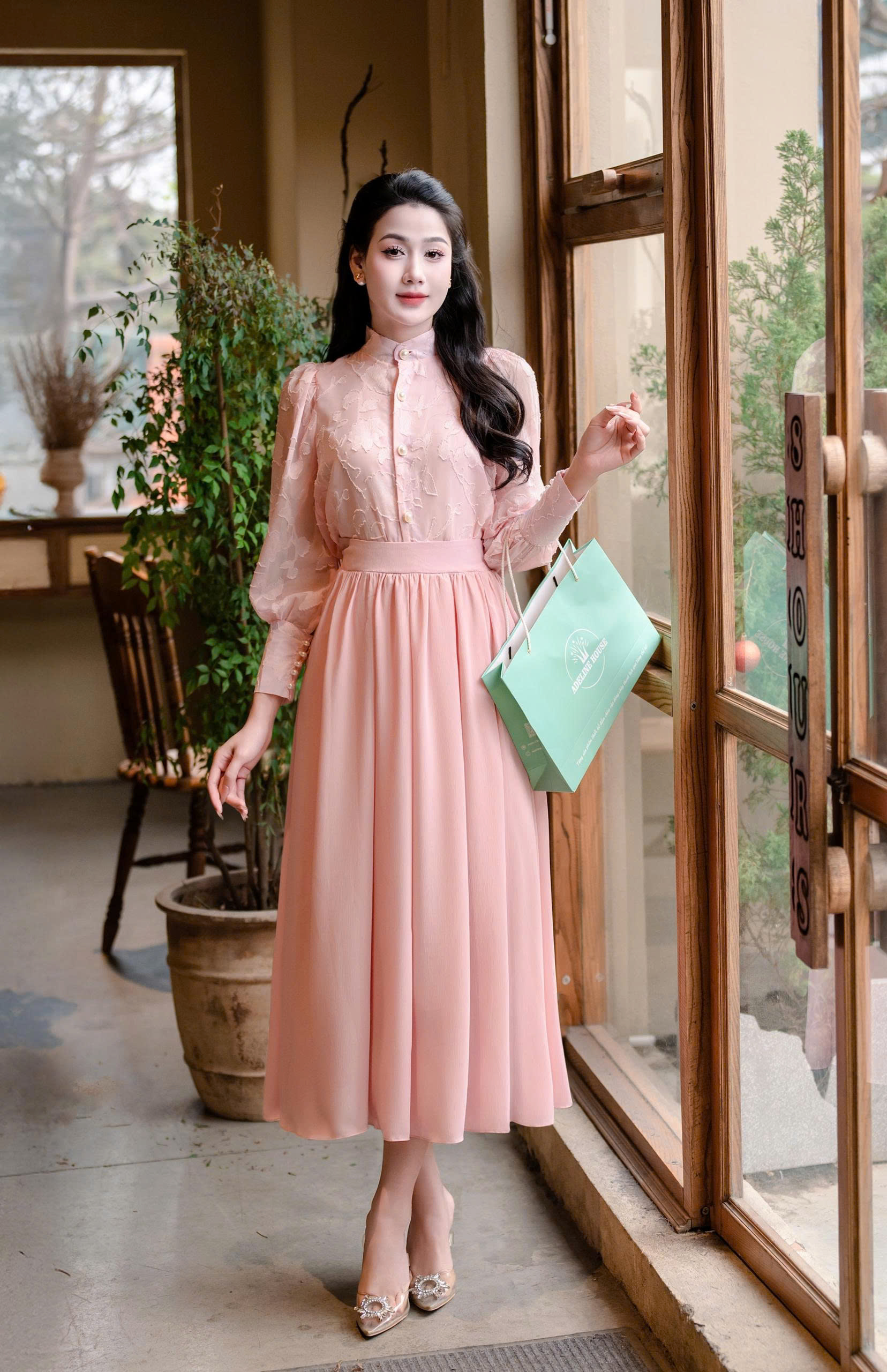 Adeline house -Thiết kế đầm midi màu hồng phấn- TK162.4 SIZE XS S M L XL 2XL 3XL 4XL