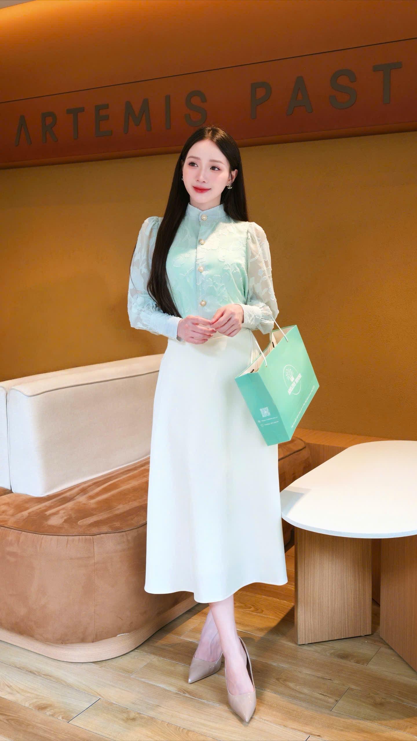 ADELINE HOUSE- SET ÁO VOAN HOA NỔI XANH MINT – CHÂN VÁY A DÁNG DÀI THANH LỊCH- TK162.5 SIZE XS S M L XL 2XL 3XL 4XL