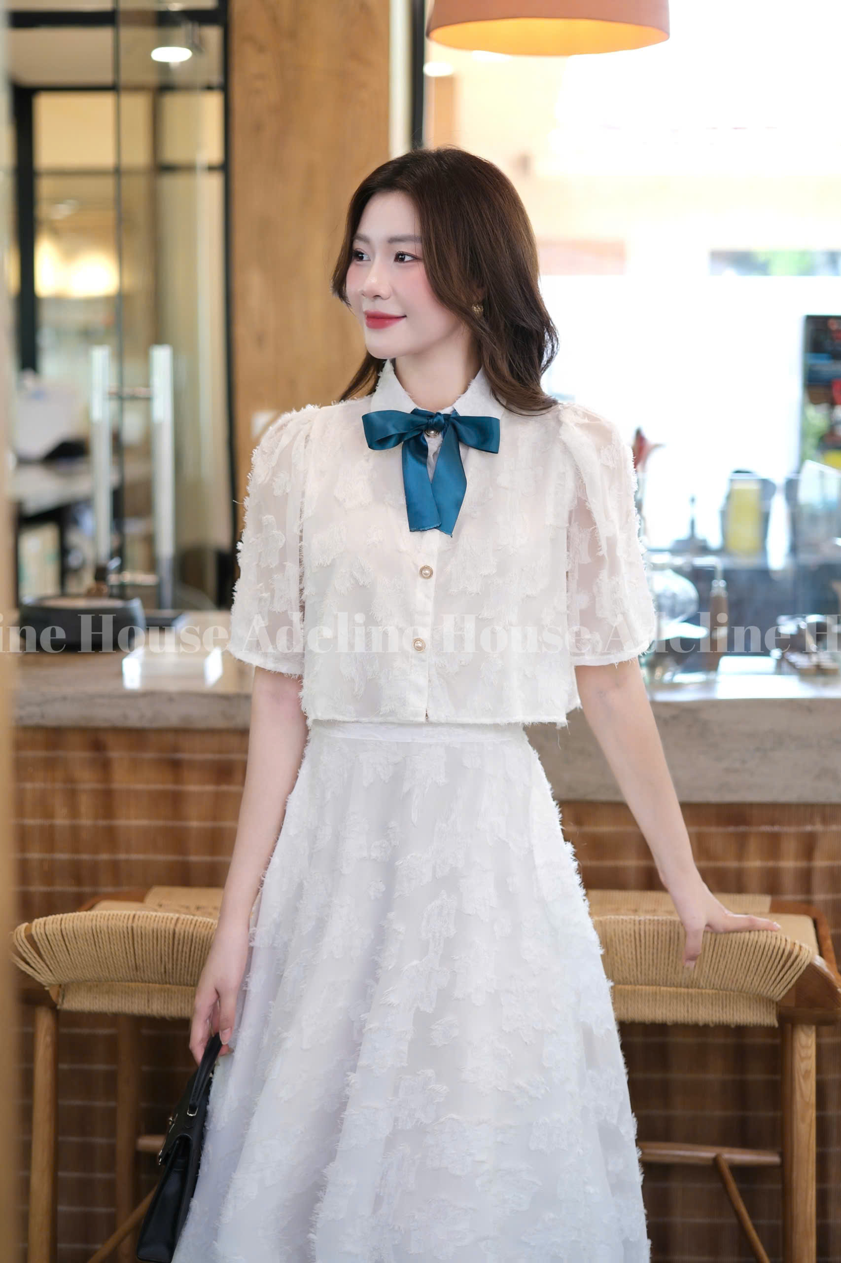 ADELINE HOUSE- Set Áo Croptop Tay Lỡ và Chân Váy Midi Xòe Hoa Nổi Pastel- TK26.2+TK26.3 Trắng+Be SIZE S M L XL 2XL 3XL 4XL