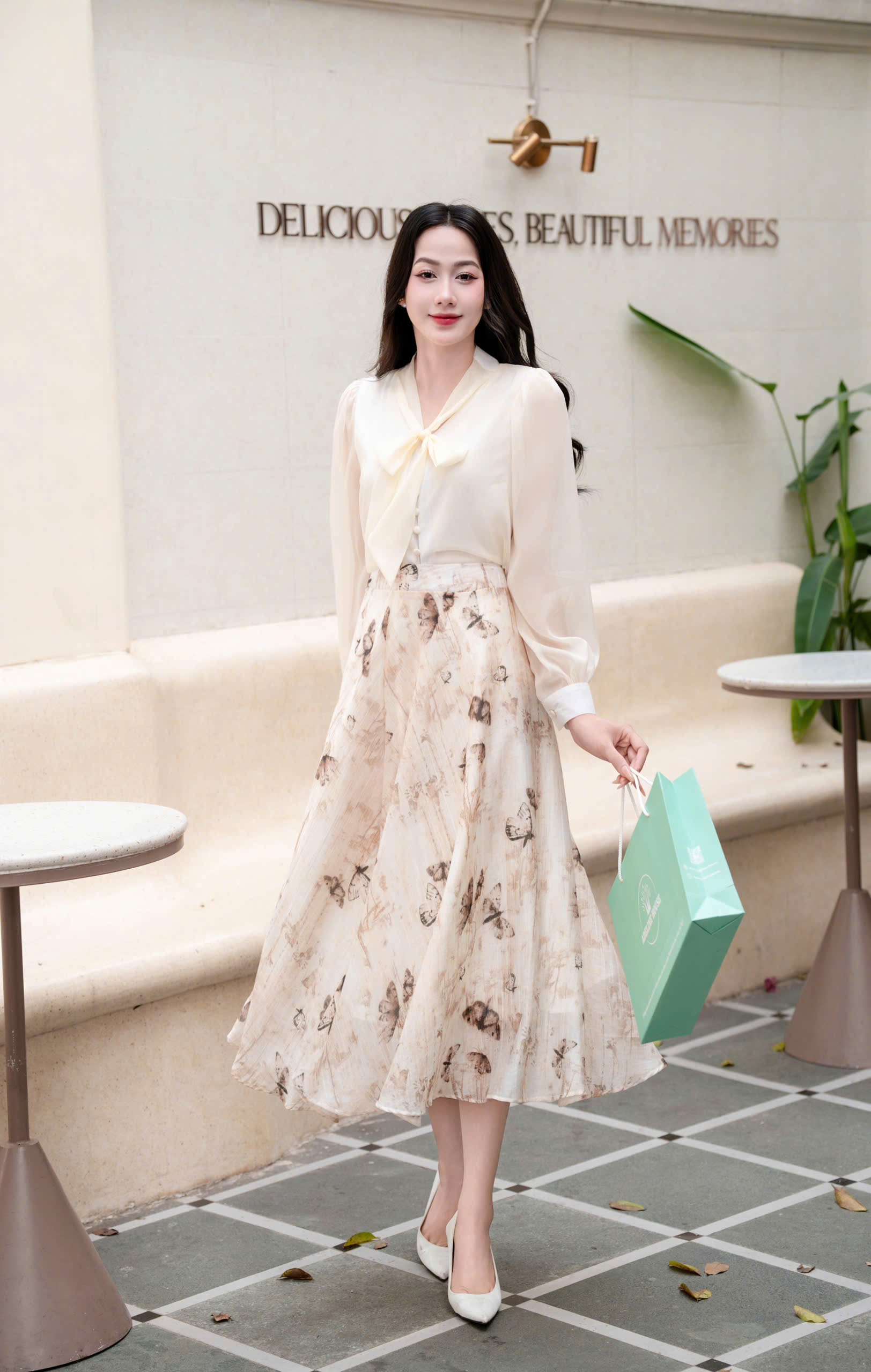 ADELINE HOUSE- Set Áo Nơ Voan + Chân Váy Hoa Lê Nâu Dáng Dài Thanh Lịch- TK155.4