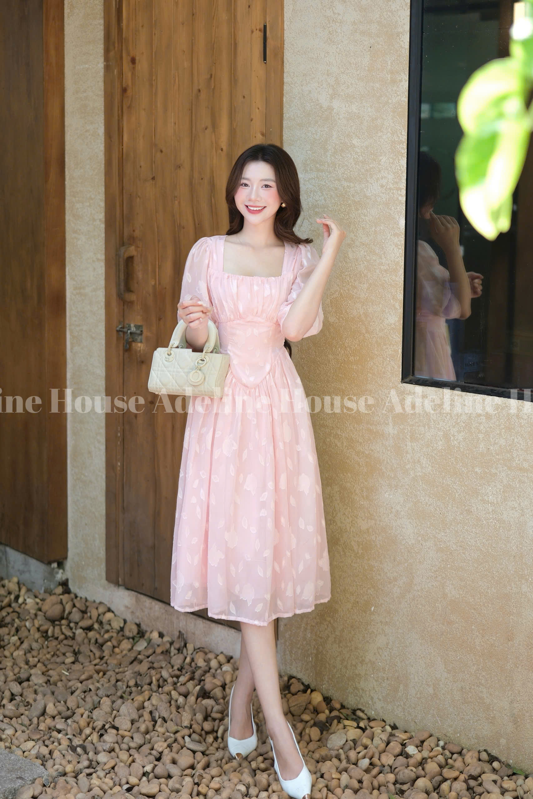 ADELINE HOUSE- Váy Hồng Xinh&nbsp;Vintage Tay Phồng Dáng Midi Nữ Tính-TK09.1 Màu Hồng