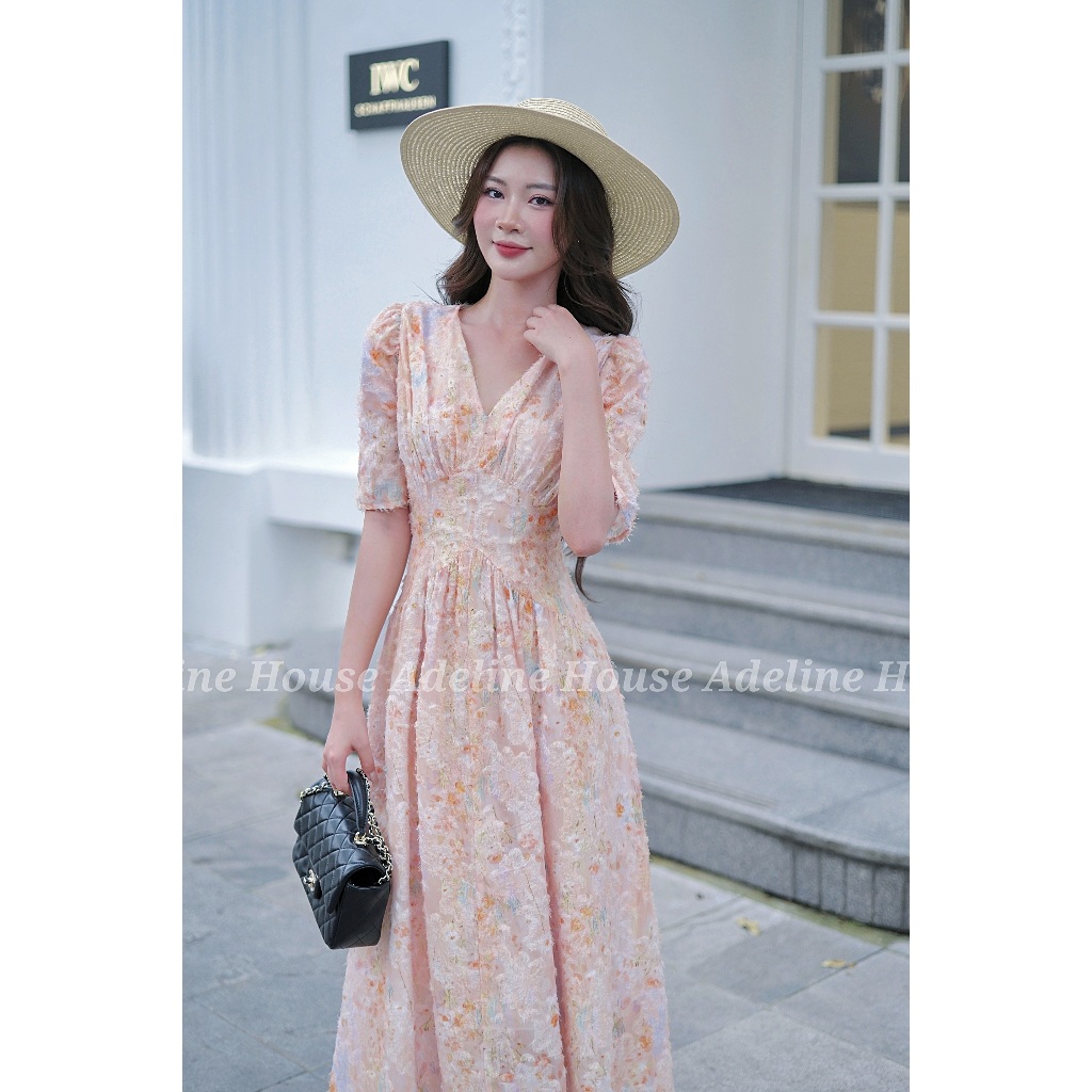 Adeline House - Váy voan hoa cổ V tay lửng dáng dài thanh lịch - TK 92 Hoa Cam