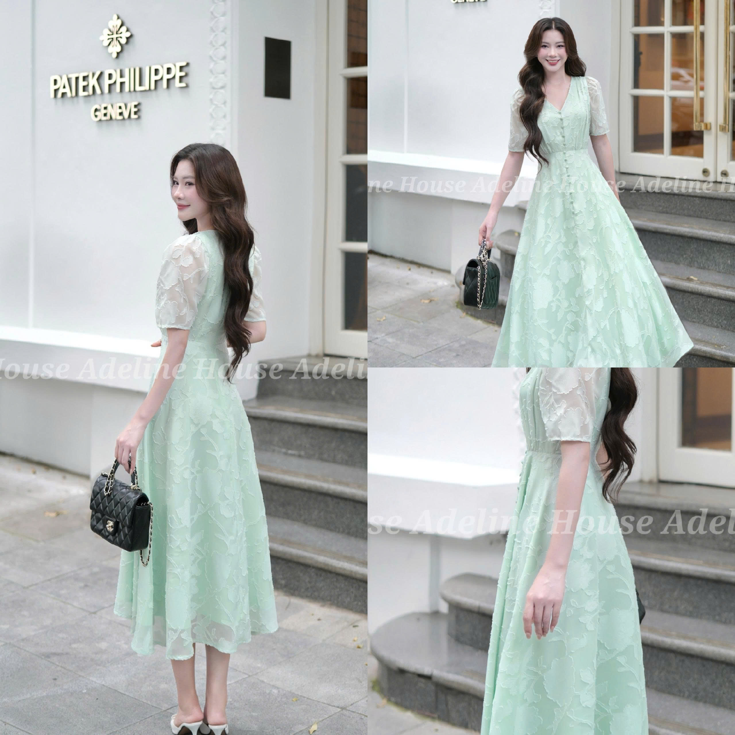 ADELINE HOUSE- Đầm Xòe Voan Xanh – Váy Nữ Cổ V Thanh Lịch Cao Cấp - TK02.3 SIZE XS S M L XL 2XL 3XL 4XL