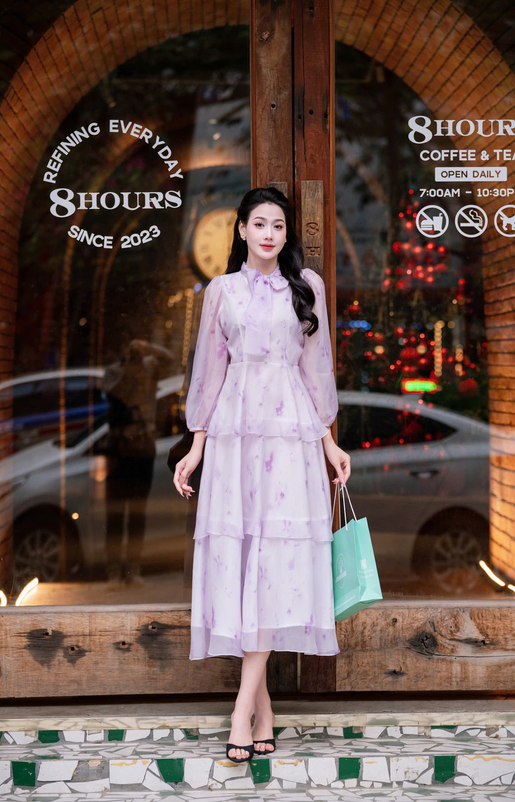 ADELINE HOUSE- Váy Voan 3 tầng nơ cổ Dew Blossom – ADELINE TK148.2 TÍM