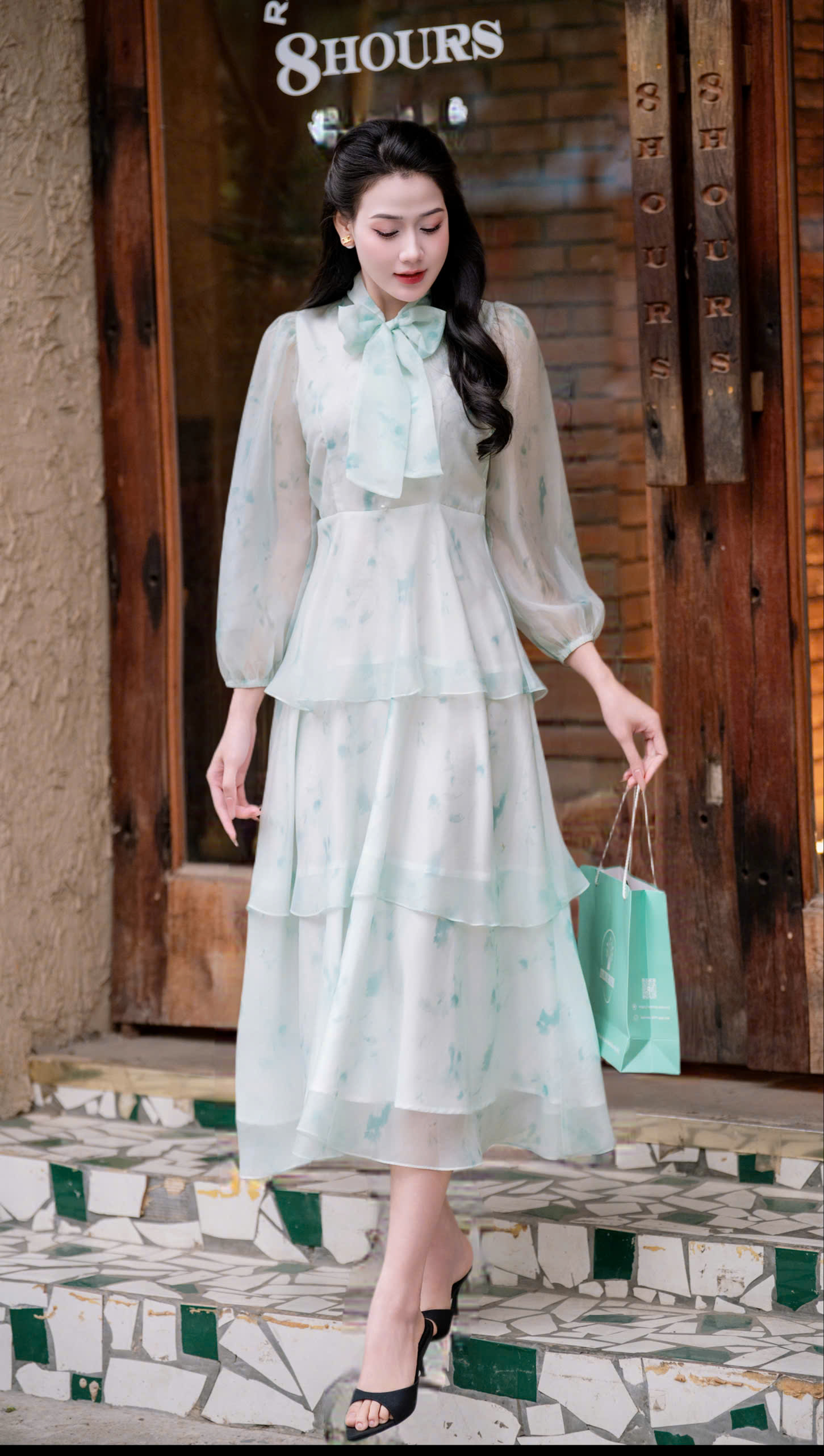 ADELINE HOUSE- Váy Voan 3 tầng nơ cổ Dew Blossom – ADELINE TK148.1 Xanh