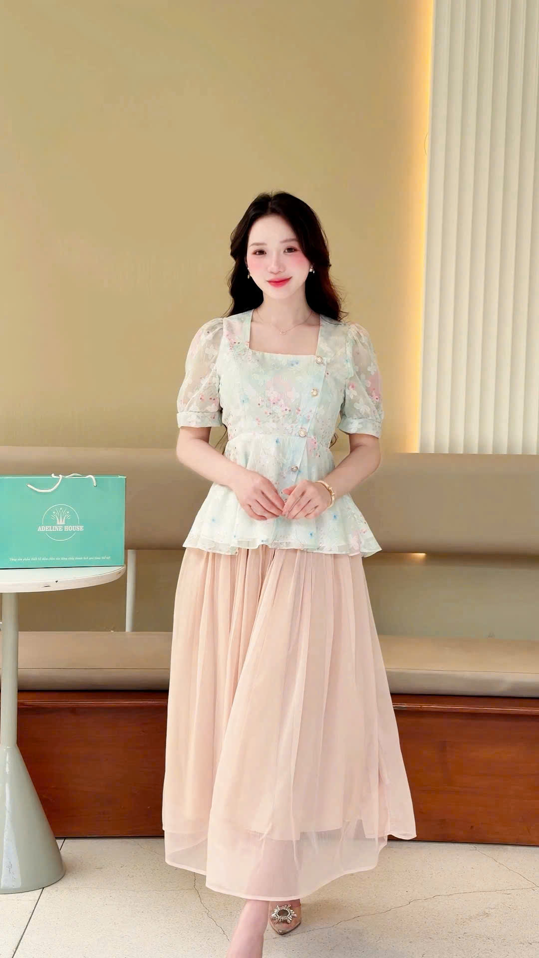 ADELINE HOUSE -  SET ÁO HOA NỔI TAY PHỒNG + CHÂN VÁY MIDI DÀI – TK 181.1 + 166.3
