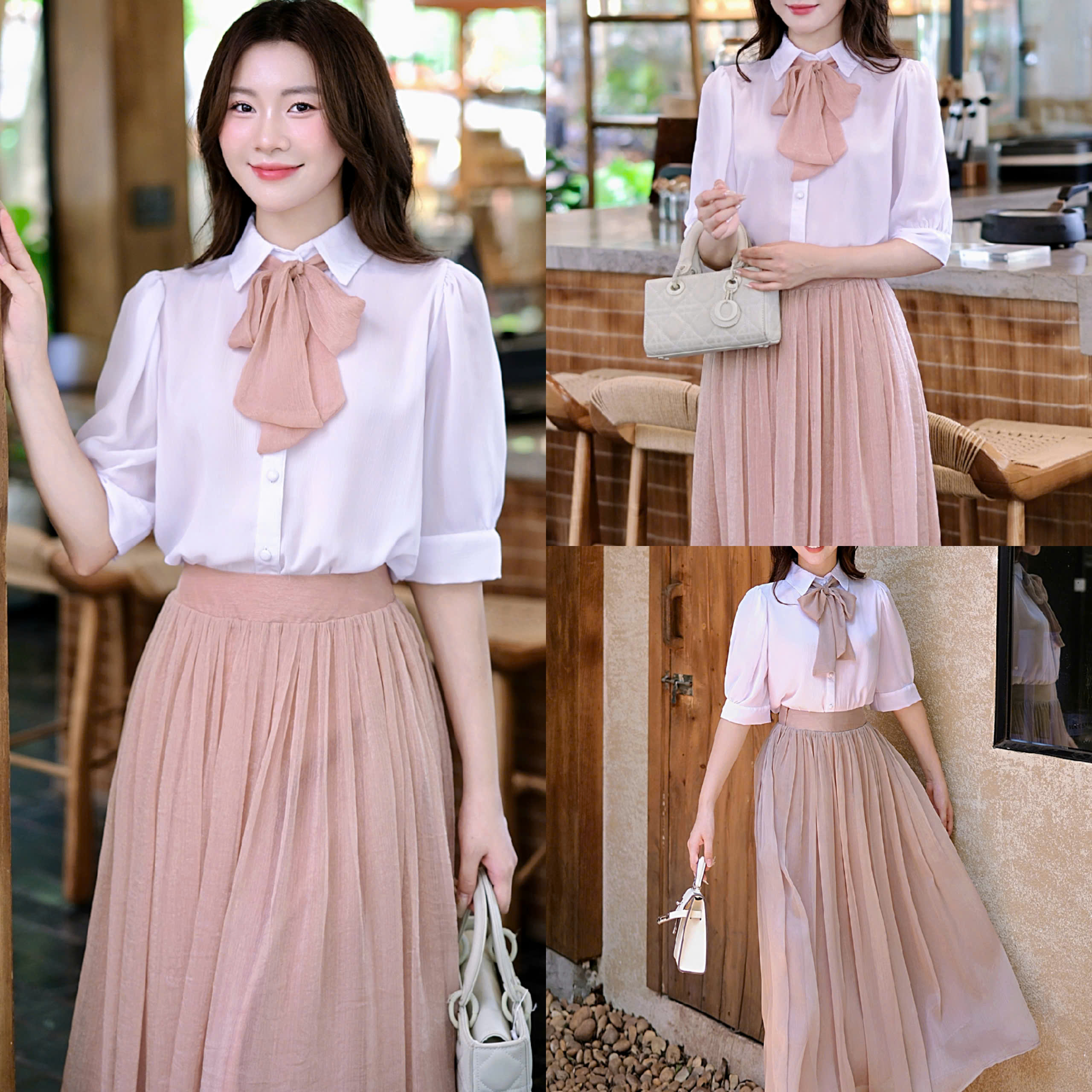 ADELINE HOUSE- Set Tiểu Thư Áo Sơ Mi Nơ Cổ Chân Váy Midi Xếp Ly- TK28.2 NÂU HỒNG