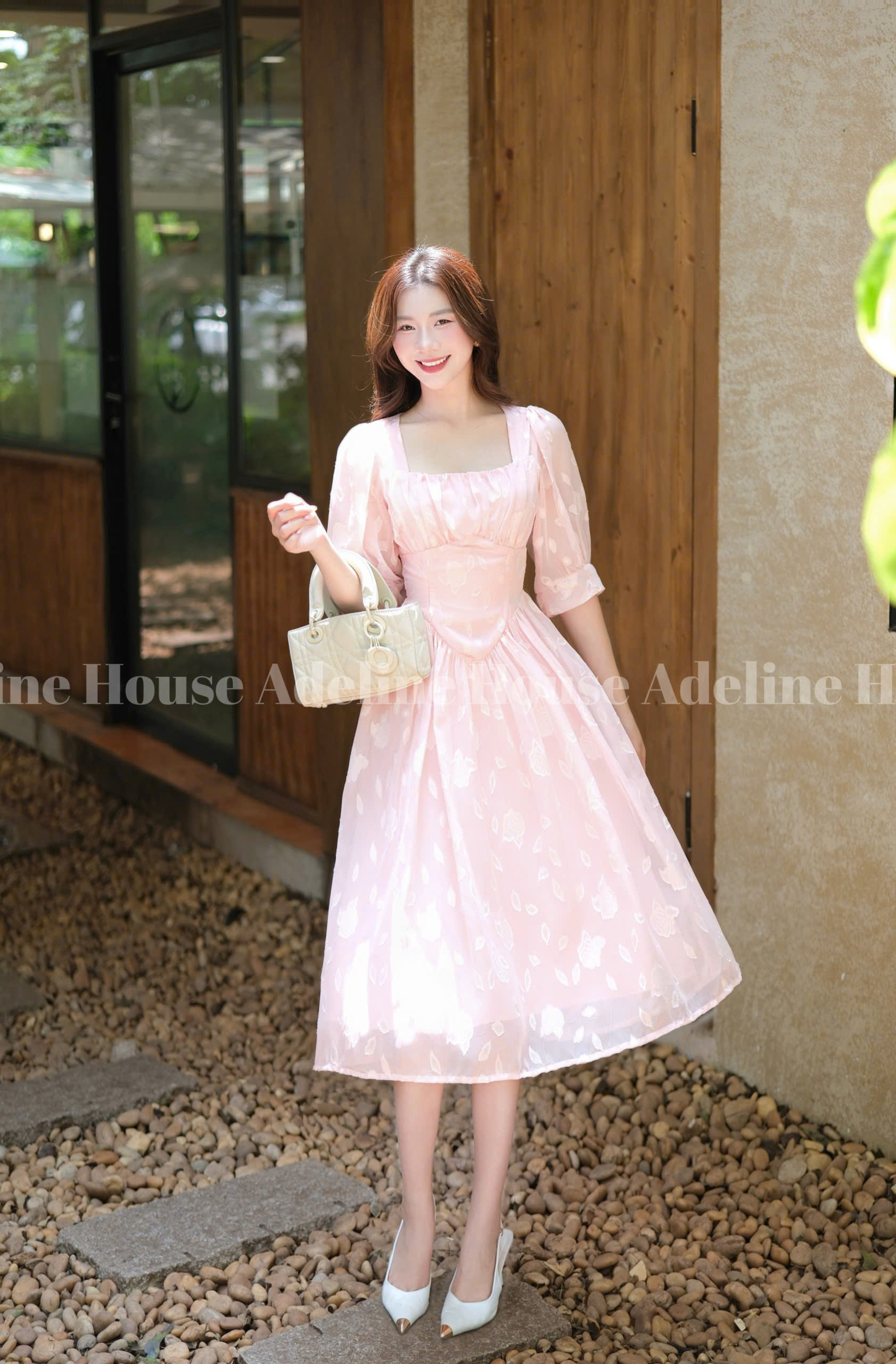 ADELINE HOUSE- Váy Hồng Xinh&nbsp;Vintage Tay Phồng Dáng Midi Nữ Tính-TK09.1 Màu Hồng