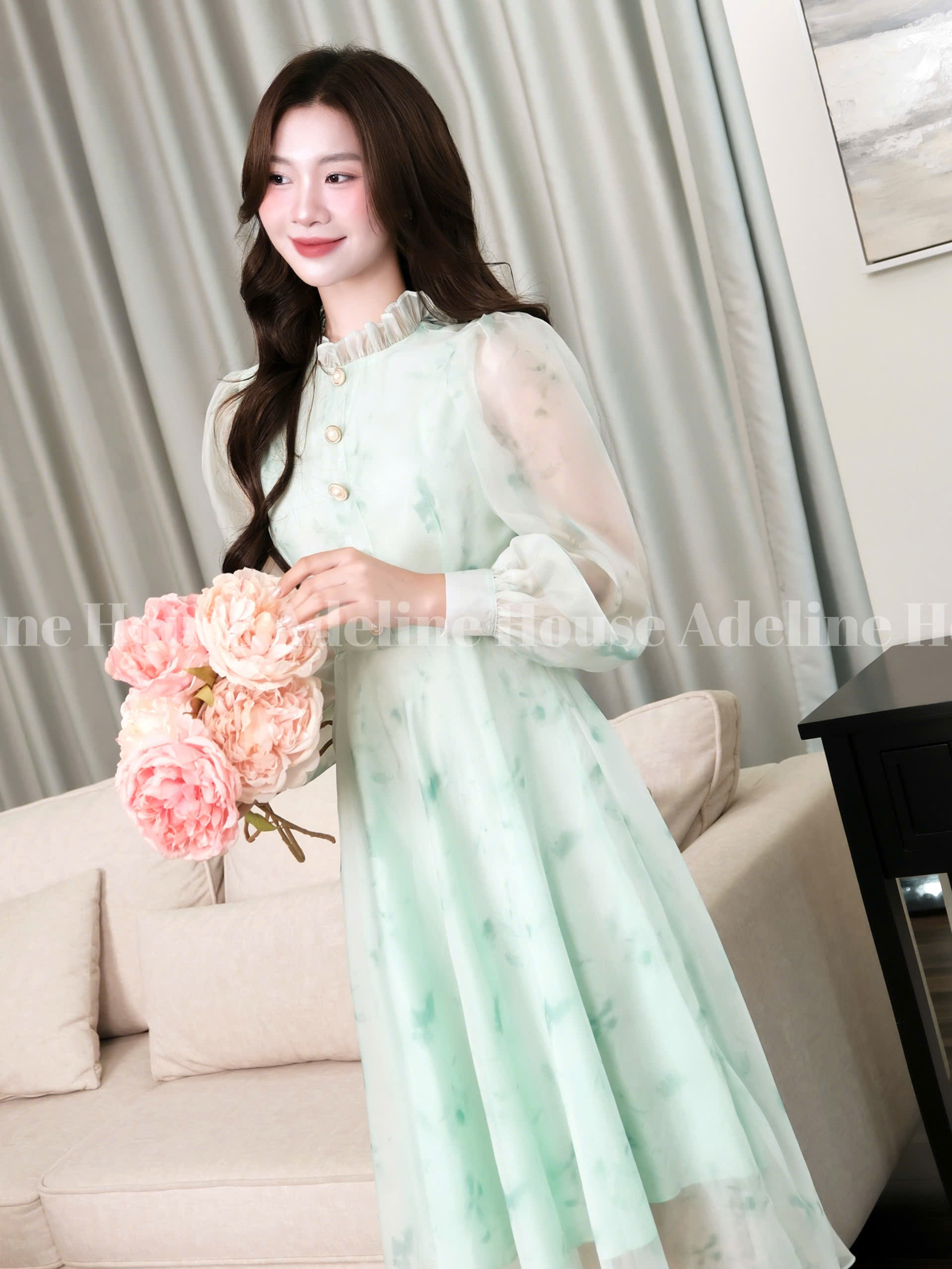 ADELINE HOUSE- Đầm Xanh Voan Dáng Dài Cổ Bèo – Váy Thiết Kế Thanh Lịch Adeline- TK61.1 SIZE XS S M L XL 2XL 3XL 4XL