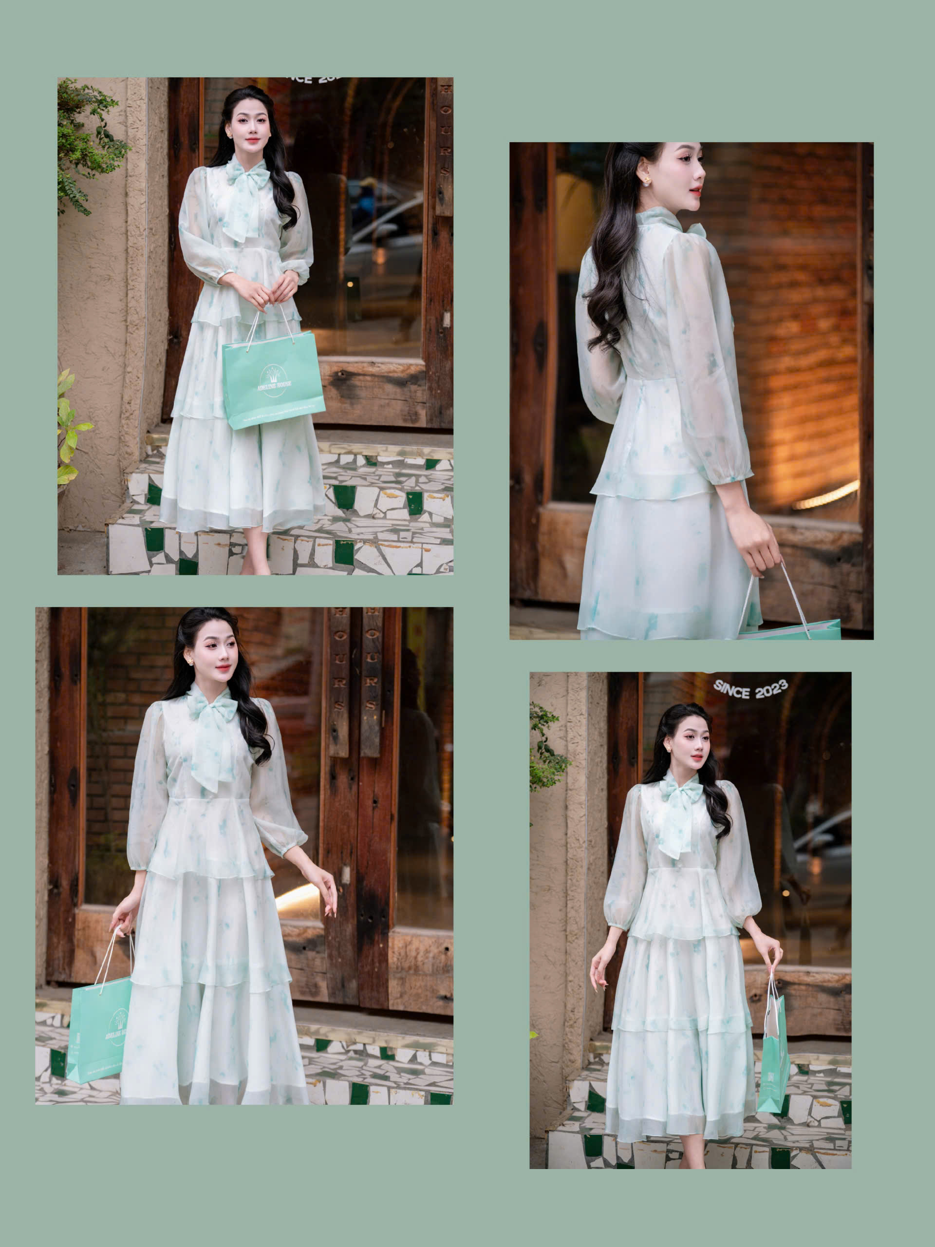 ADELINE HOUSE- Váy Voan 3 tầng nơ cổ Dew Blossom – ADELINE TK148.1 Xanh