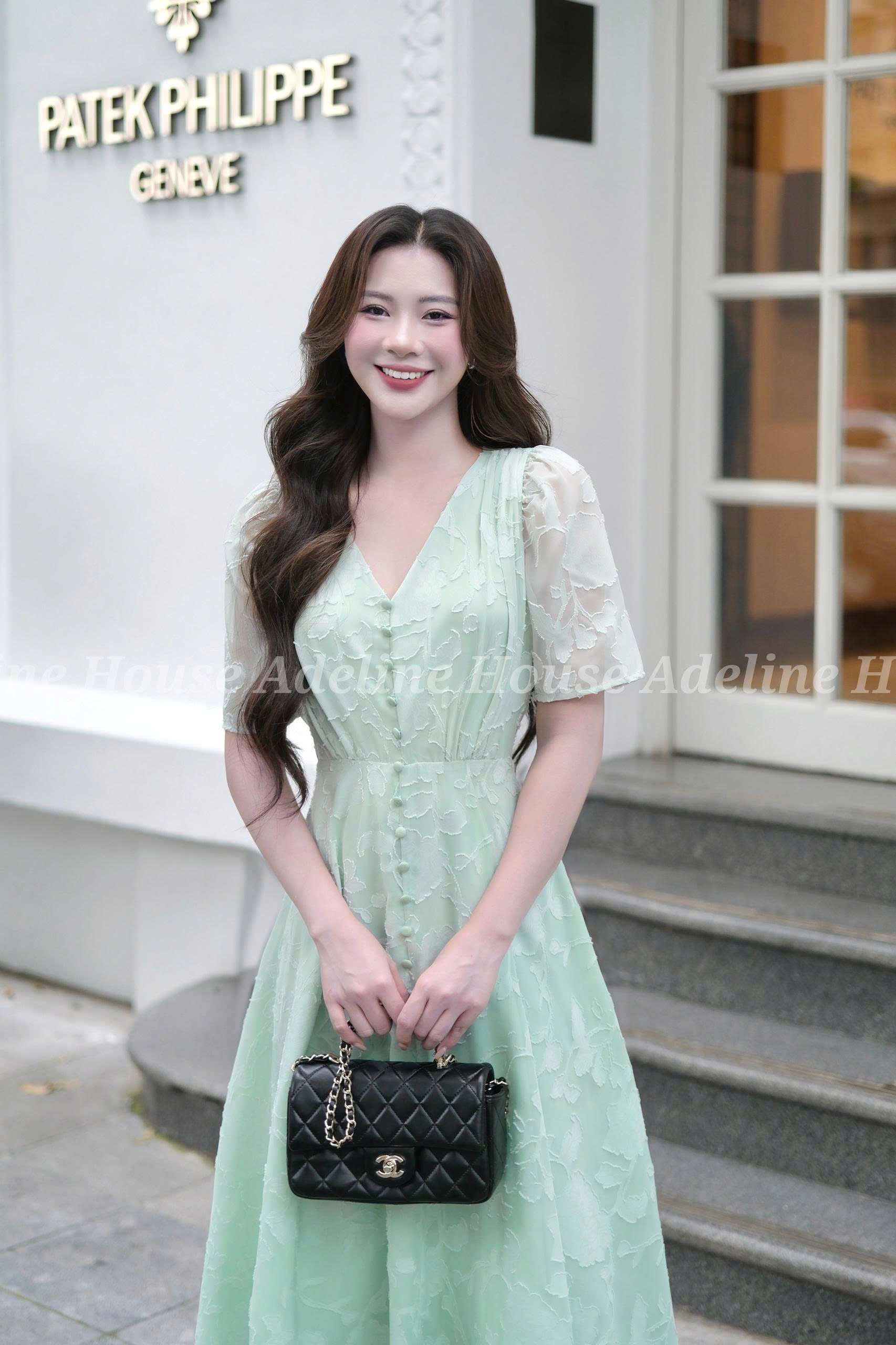 ADELINE HOUSE- Đầm Xòe Voan Xanh – Váy Nữ Cổ V Thanh Lịch Cao Cấp - TK02.3 SIZE XS S M L XL 2XL 3XL 4XL