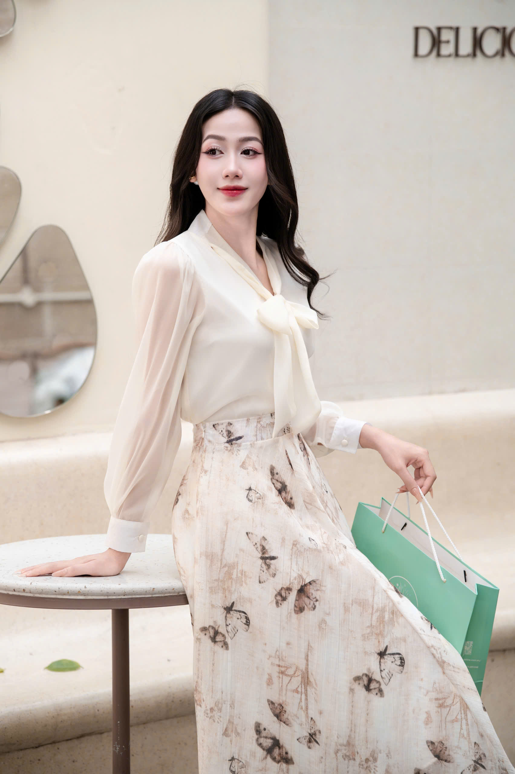 ADELINE HOUSE- Set Áo Nơ Voan + Chân Váy Hoa Lê Nâu Dáng Dài Thanh Lịch- TK155.4