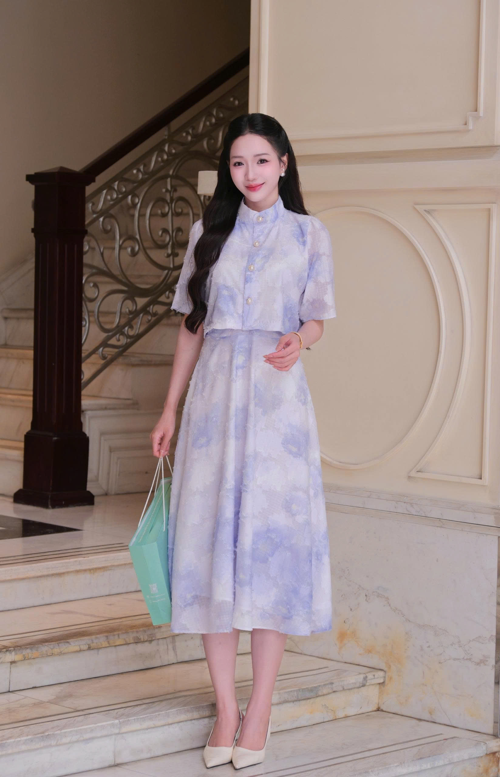 Adeline house - Set váy cổ tàu họa tiết thêu hoa tím - TK154.1