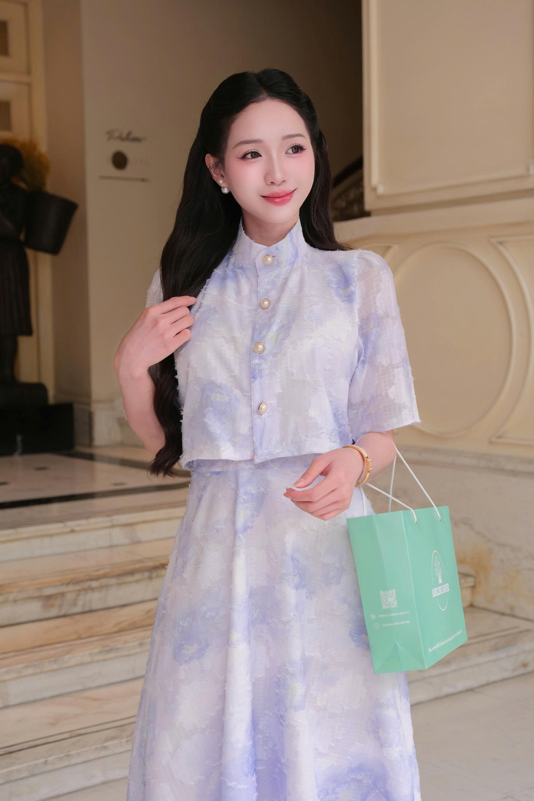 Adeline house - Set váy cổ tàu họa tiết thêu hoa tím - TK154.1