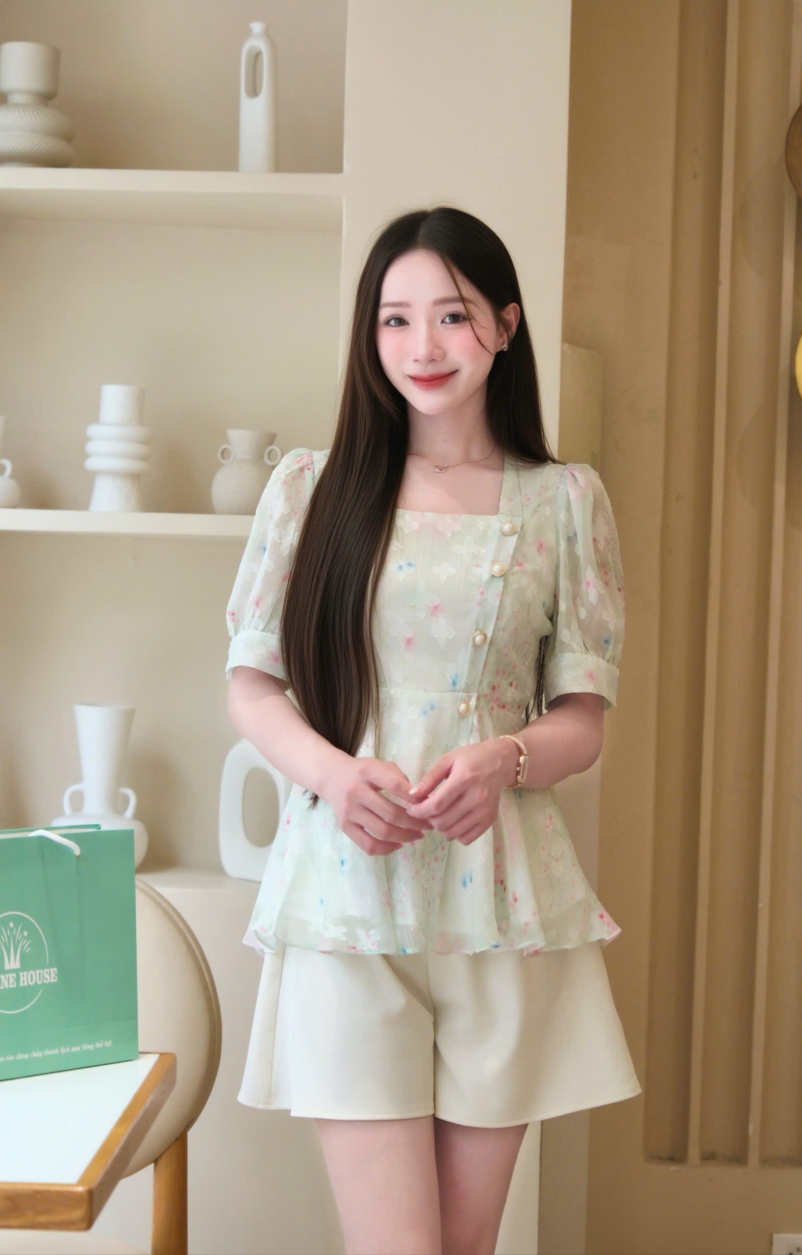 ADELINE HOUSE- SET ÁO CỔ VUÔNG TAY BỒNG XANH - NHẸ NHÀNG VÀ THANH LỊCH- TK181.1