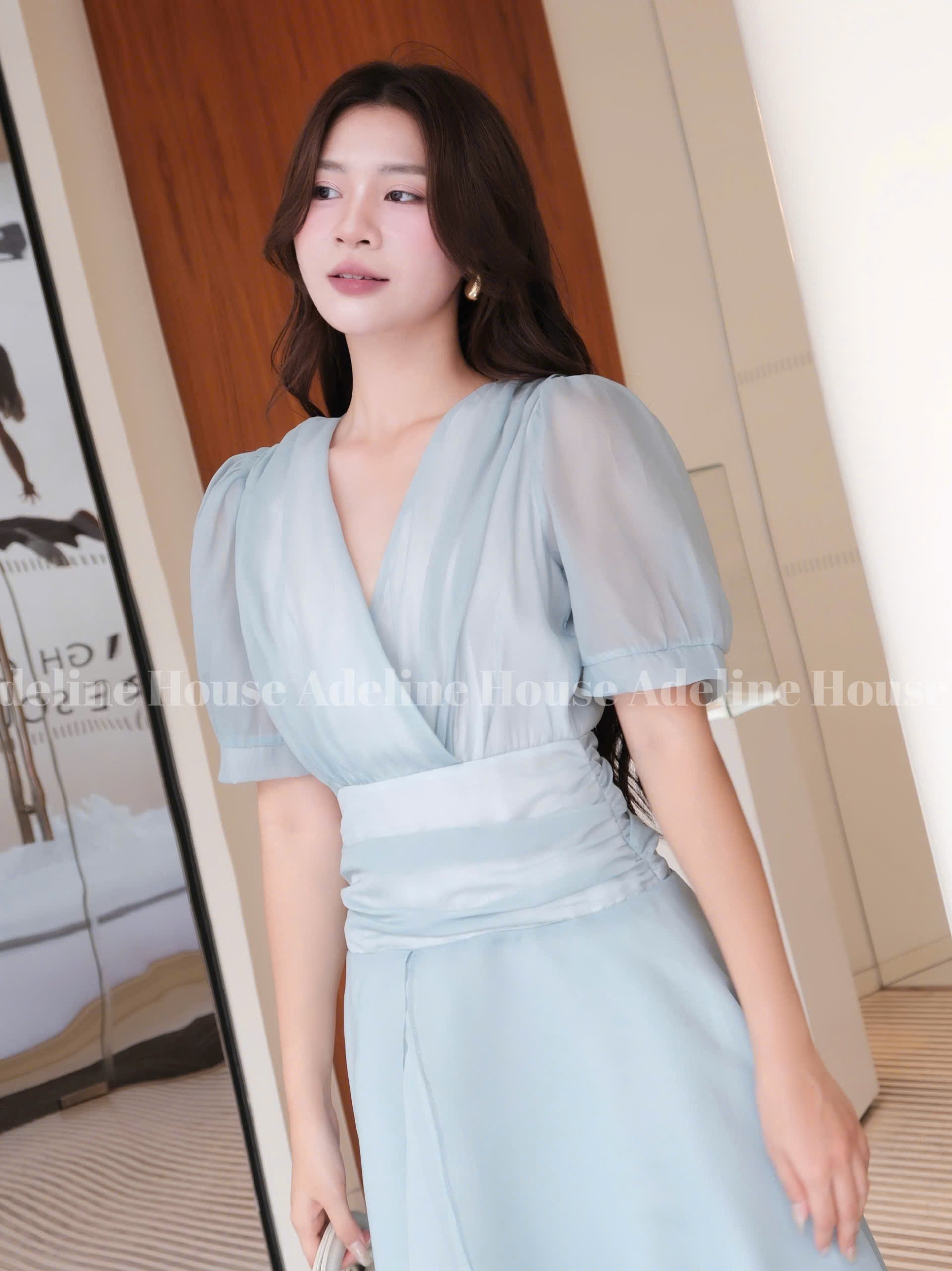 ADELINE HOUSE- Đầm Xanh Ngọc Pastel Cổ V Dáng Xòe – Váy Thiết Kế Nữ Tính Thanh Lịch Adeline- TK58.1