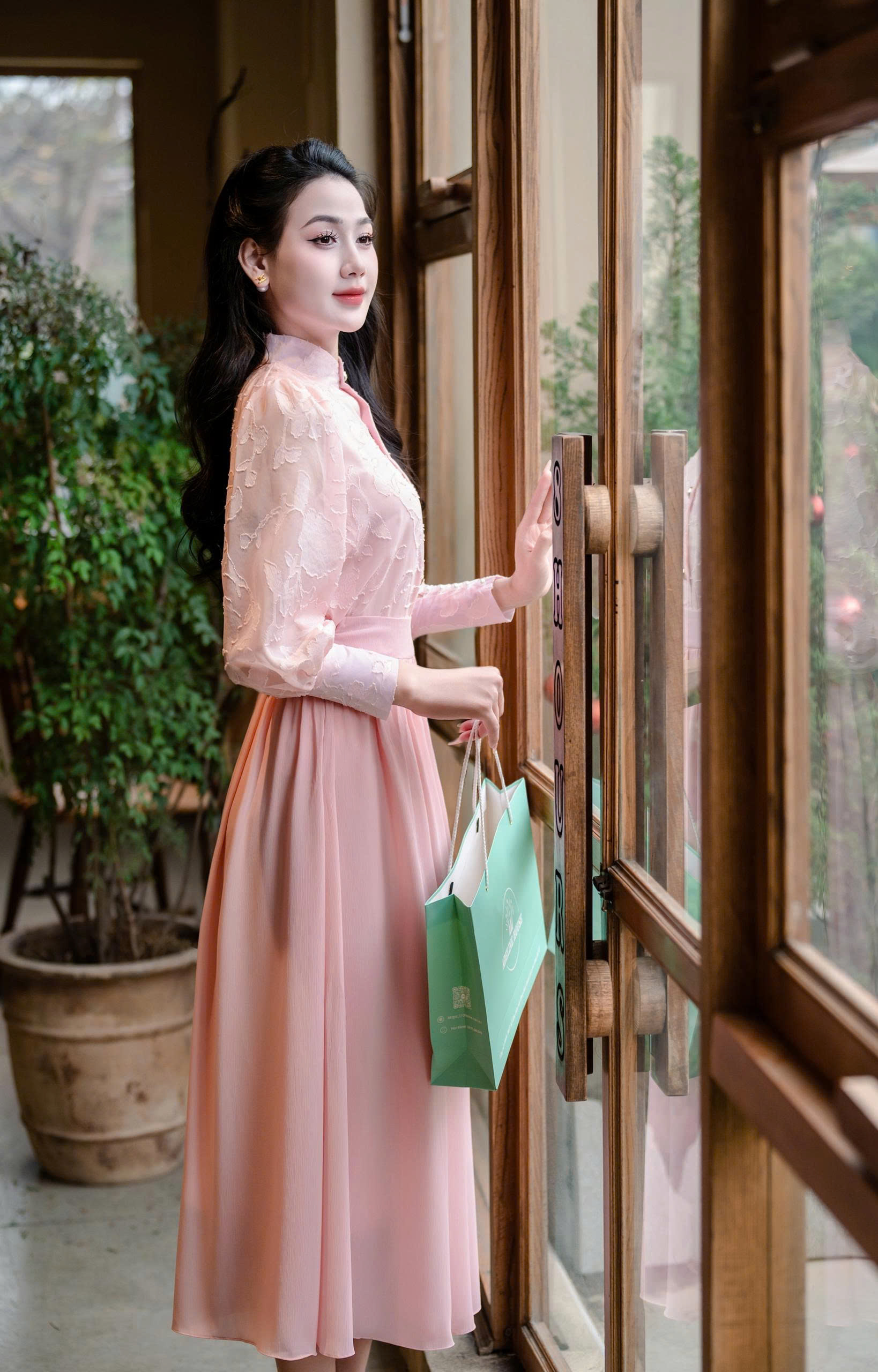 Adeline house -Thiết kế đầm midi màu hồng phấn- TK162.4 SIZE XS S M L XL 2XL 3XL 4XL