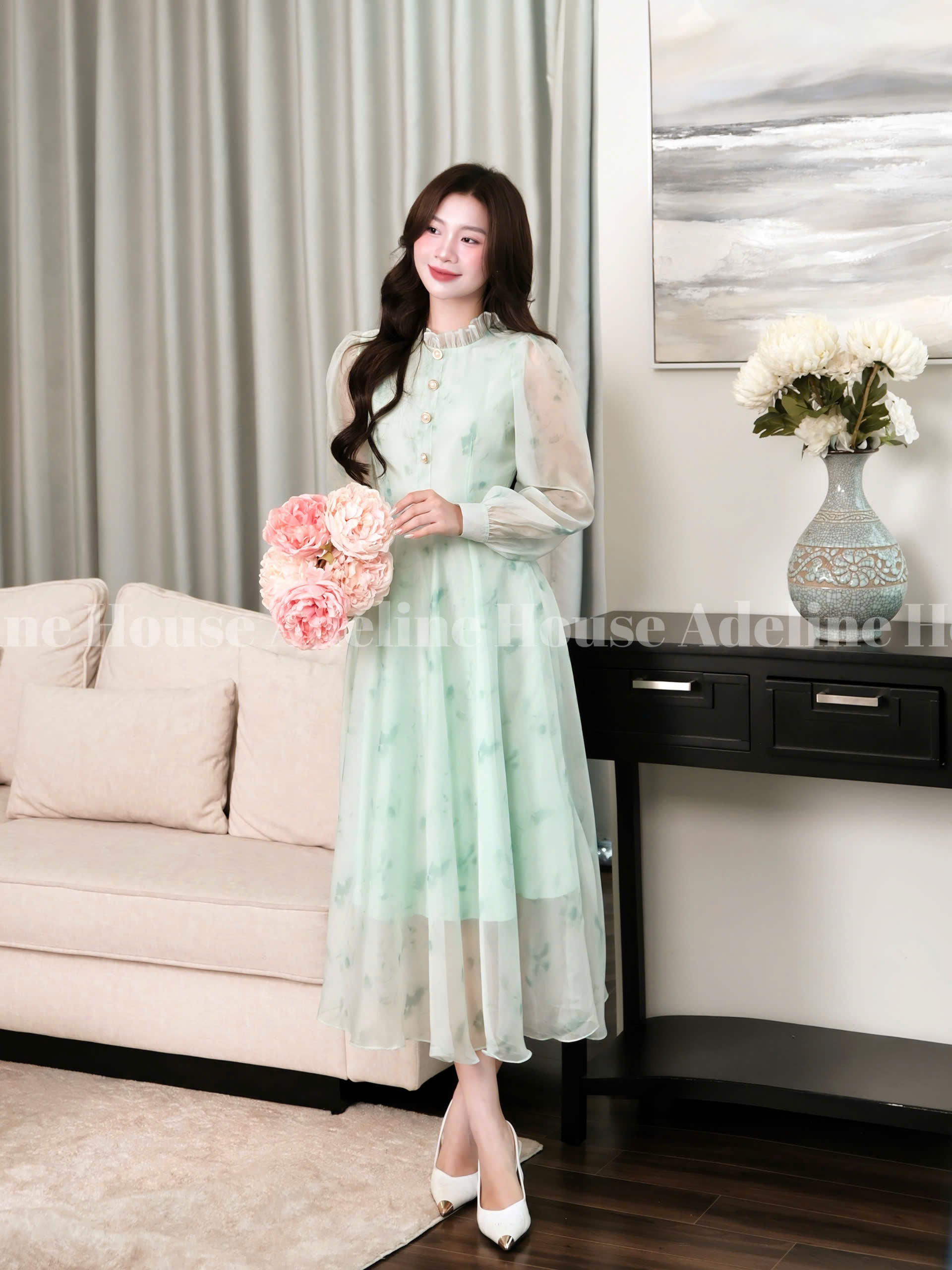 ADELINE HOUSE- Đầm Xanh Voan Dáng Dài Cổ Bèo – Váy Thiết Kế Thanh Lịch Adeline- TK61.1 SIZE XS S M L XL 2XL 3XL 4XL