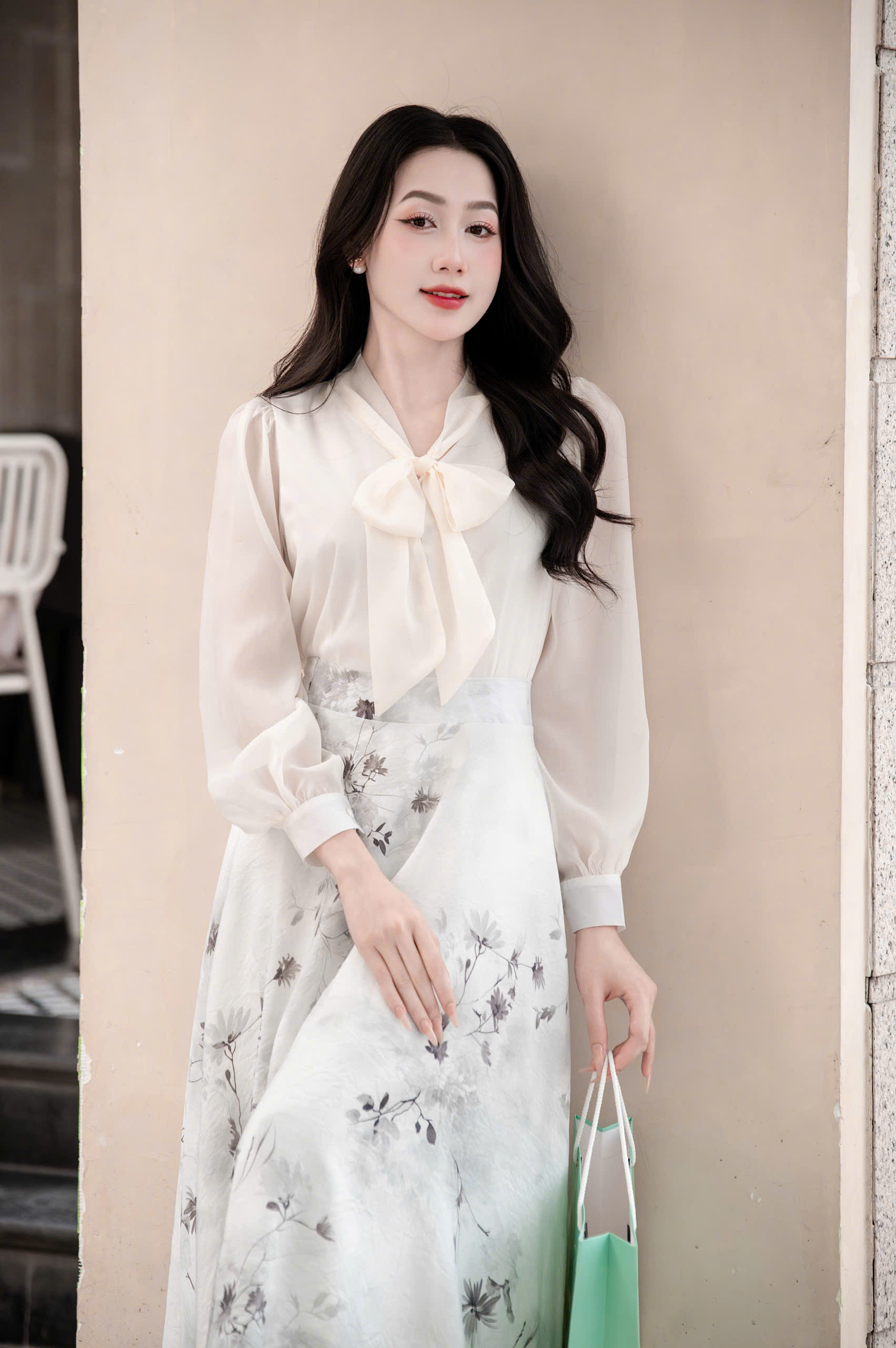 ADELINE HOUSE- Set Áo Nơ Voan + Chân Váy Hoa Dáng Dài Thanh Lịch- TK155.2 SIZE XS S M L XL 2XL 3XL 4XL
