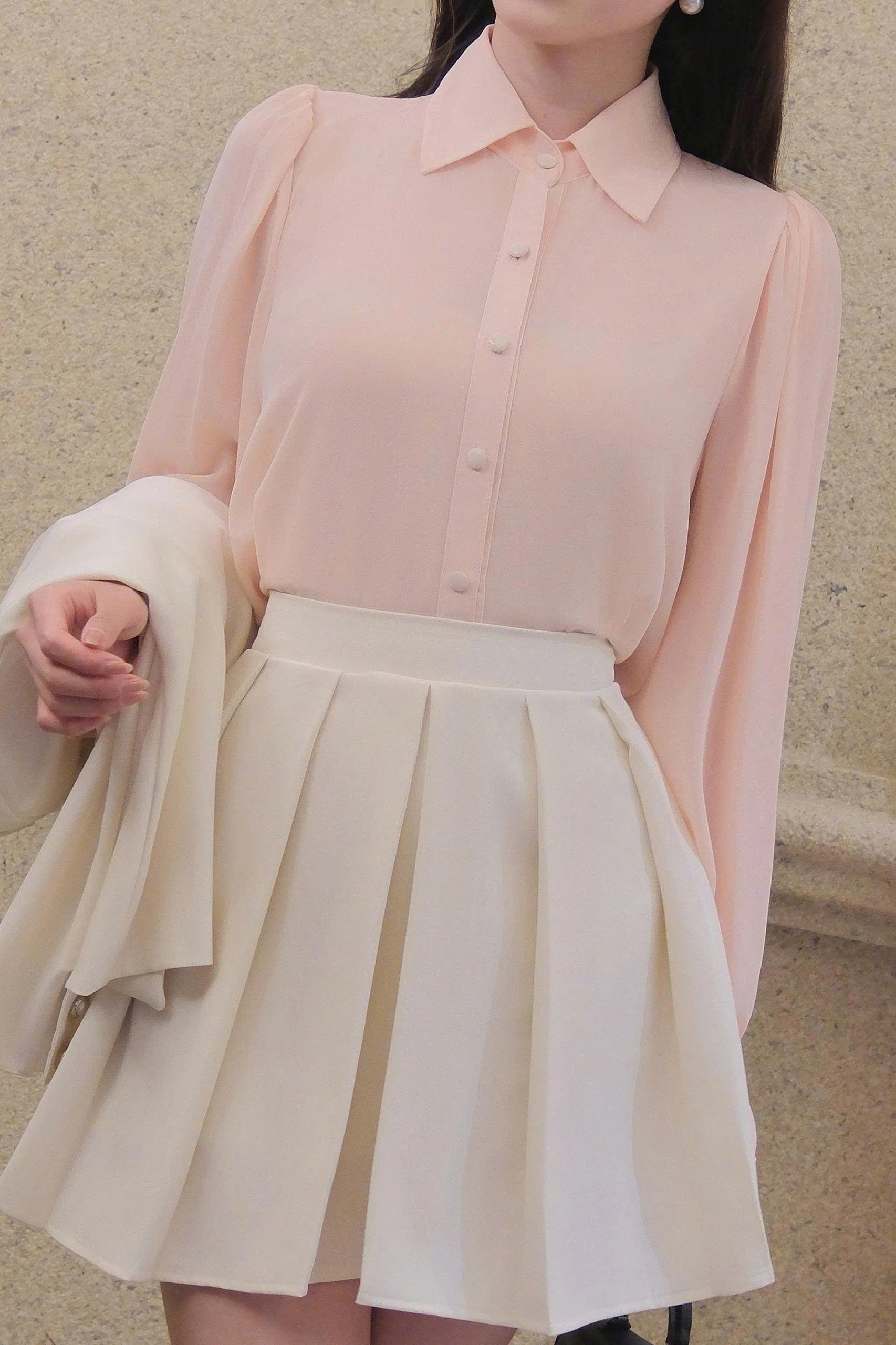 ADELINE HOUSE-✨ Set Áo Sơ Mi+ Chân Váy Xếp Ly Xinh Xắn- TK45.5 CAM NUDE