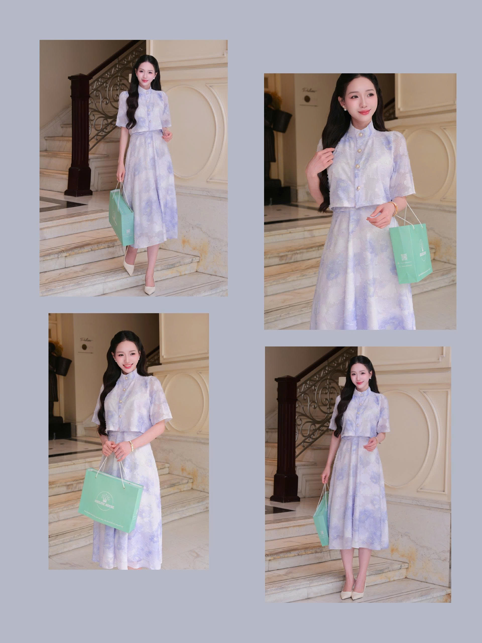 Adeline house - Set váy cổ tàu họa tiết thêu hoa tím - TK154.1