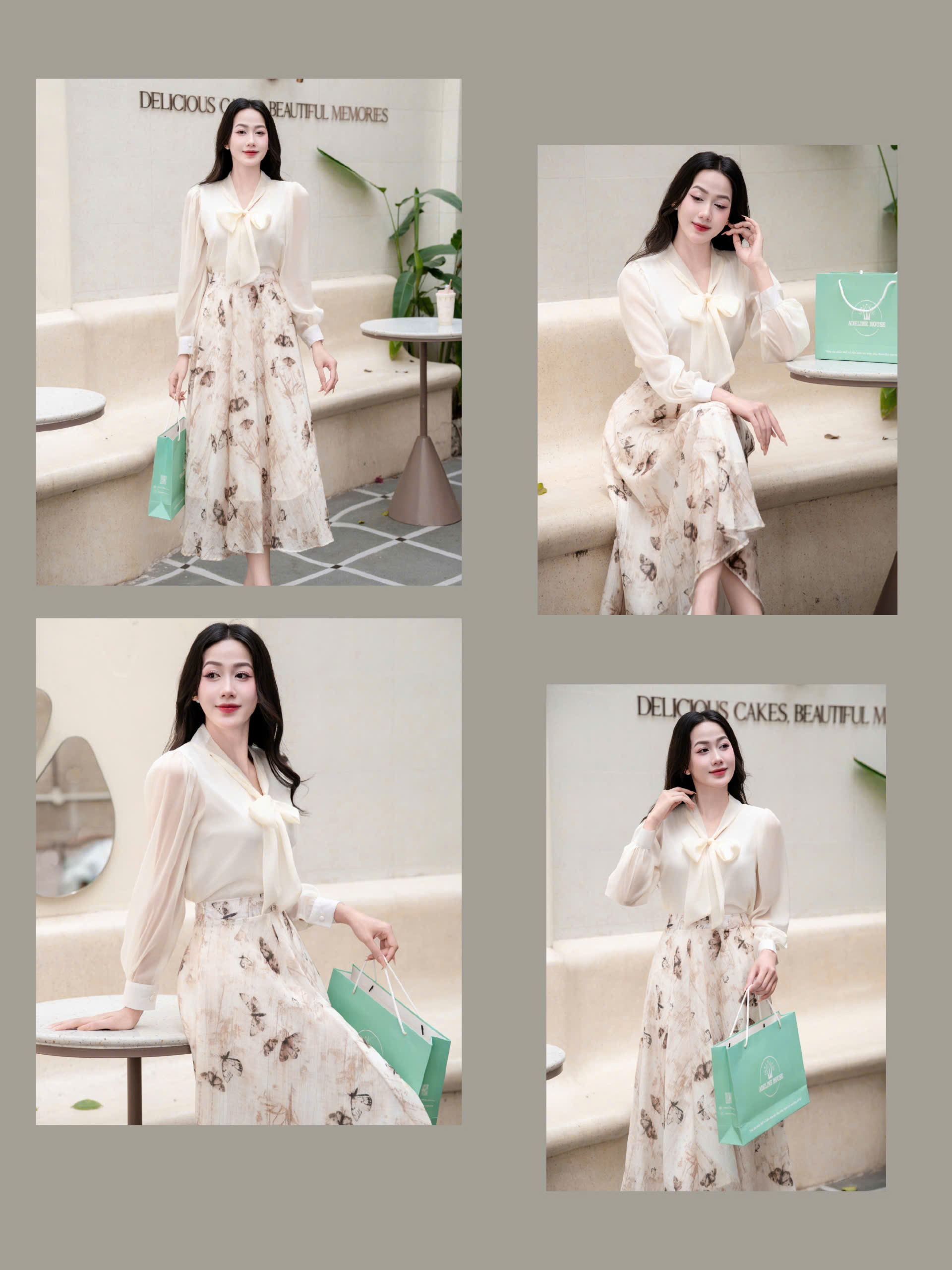 ADELINE HOUSE- Set Áo Nơ Voan + Chân Váy Hoa Lê Nâu Dáng Dài Thanh Lịch- TK155.4