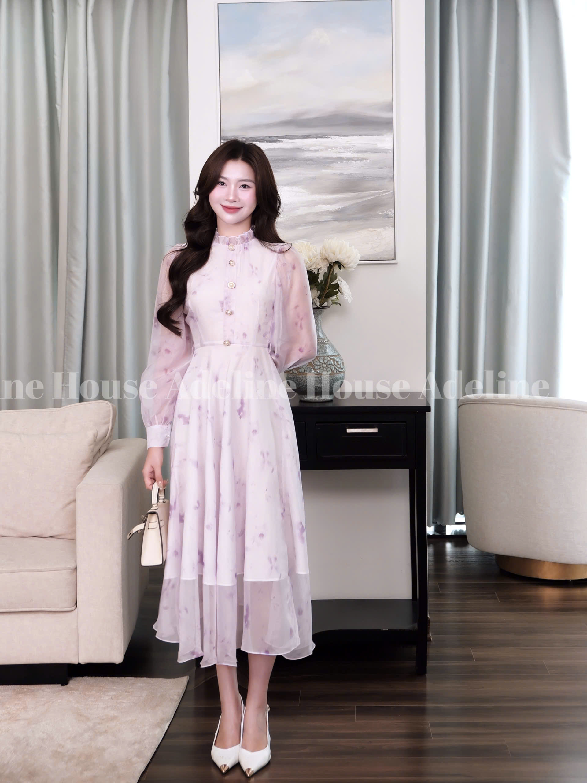 ADELINE- Đầm Tím Pastel Dáng Dài Cổ Bèo – Váy Thiết Kế Thanh Lịch Adeline- TK61.2 SIZE XS S M L XL 2XL 3XL 4XL