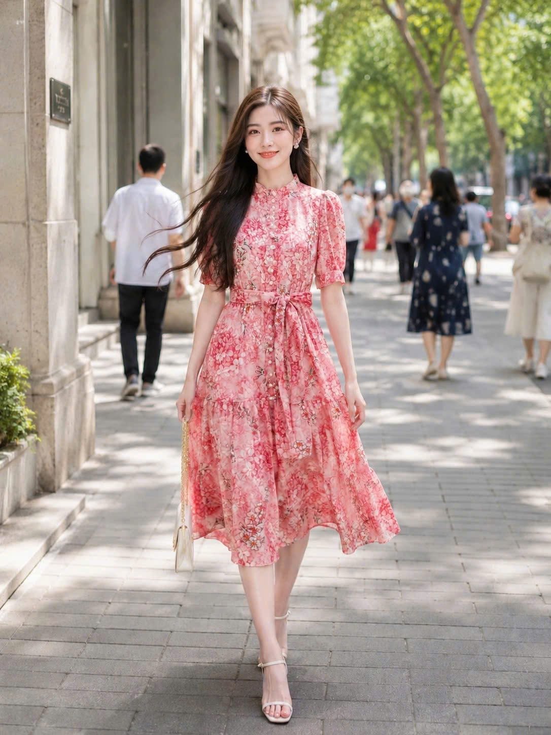 ADELINE HOUSE-💝Váy Hoa Hồng Cổ Nhún Đính Ngọc Trai Dáng Xòe Che Khuyết Điểm TK206.