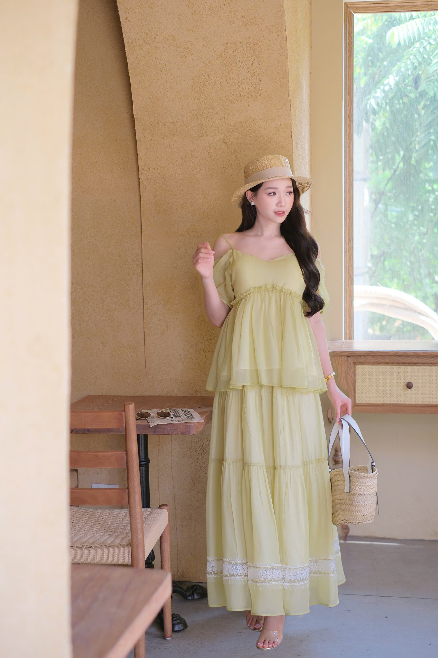 ADELINE HOUSE- Đầm Maxi Voan Xanh CốmTrễ Vai 2 Dây – Váy Dài Tầng Bồng Bềnh Nữ Tính Phong Cách Vintage Đi Biển, Du Lịch- TK79.1&nbsp;