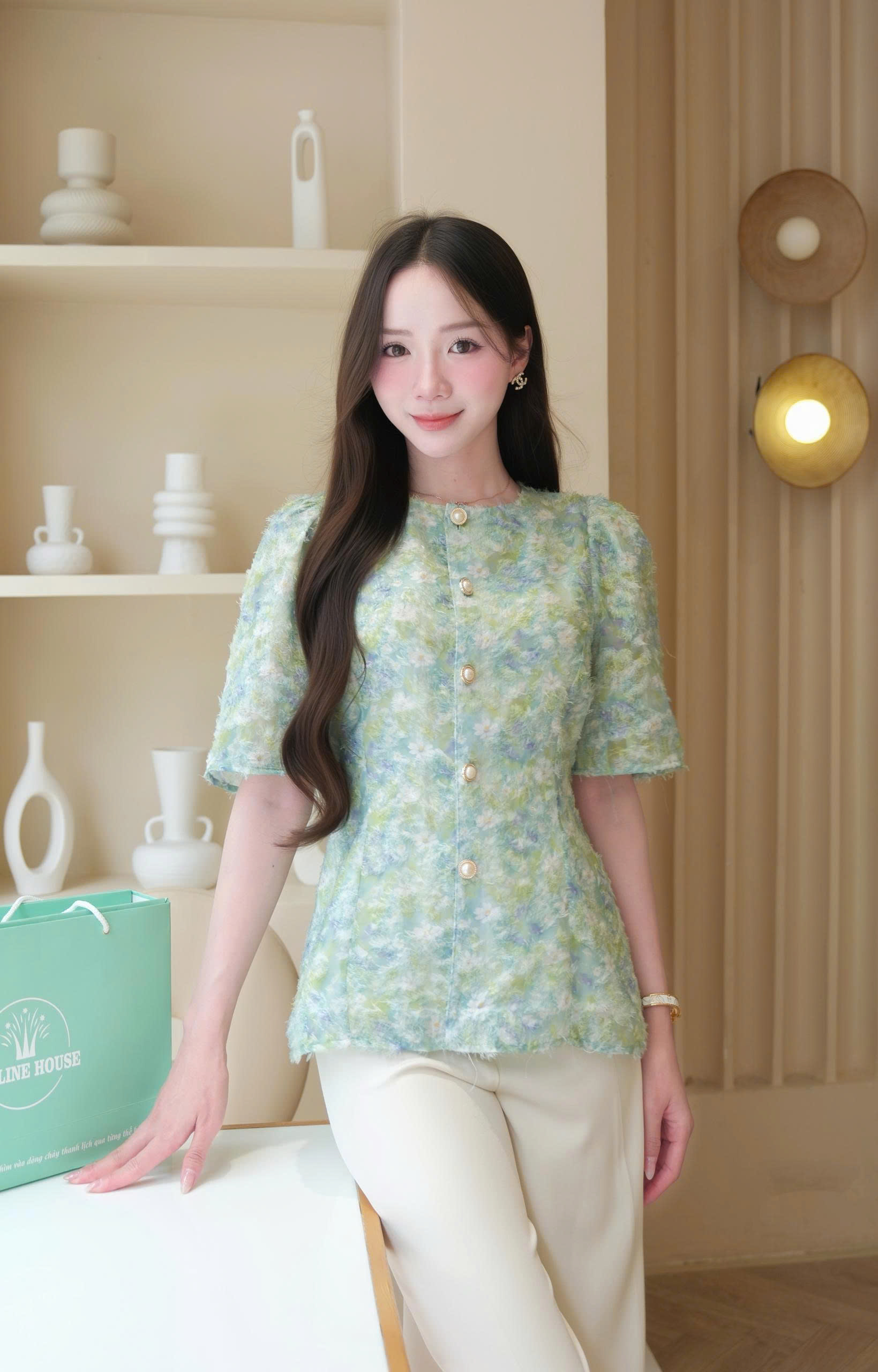 ADELINE HOUSE- SET ÁO HOA XANH + QUẦN SUÔNG THANH LỊCH - TK151.2 + TK189.1