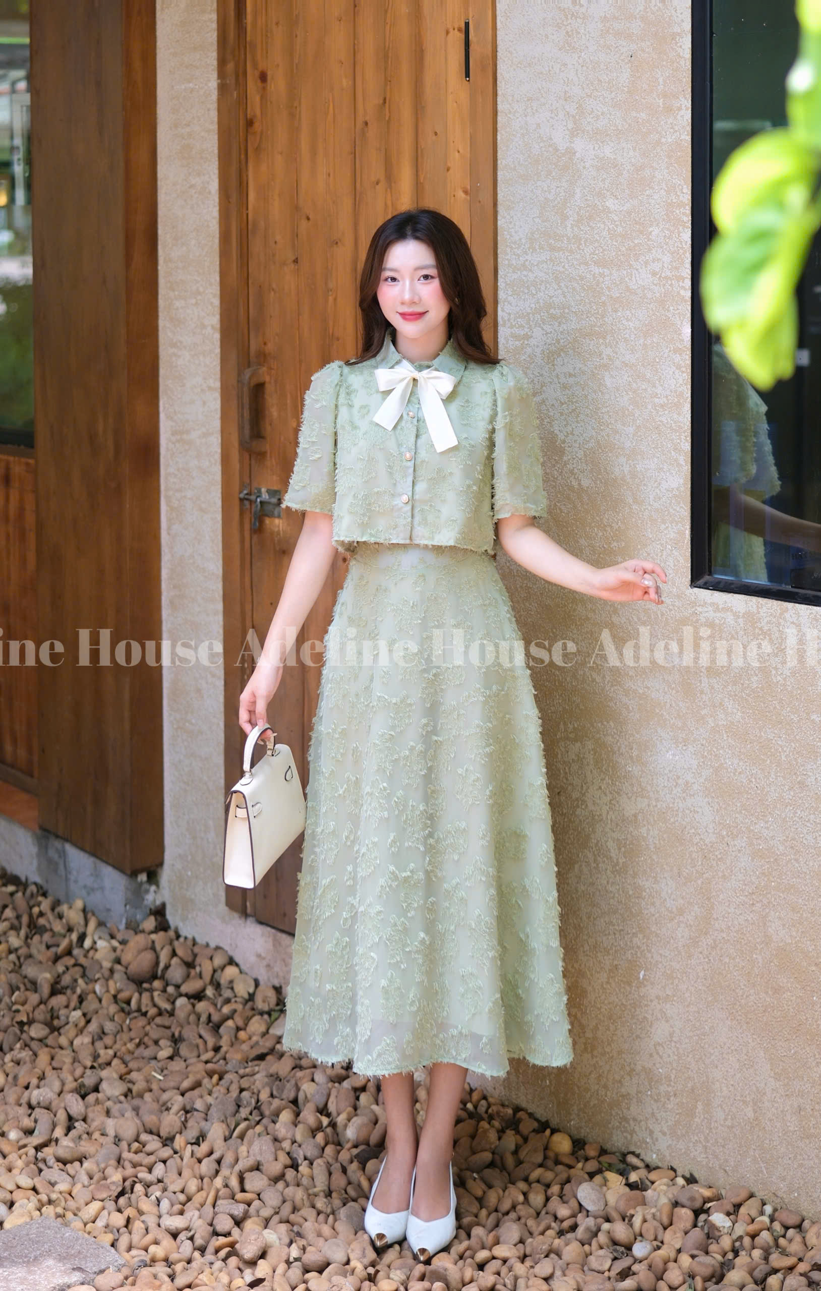 ADELINE HOUSE- Set Áo Croptop Tay Lỡ và Chân Váy Midi Xòe Hoa Nổi Pastel- TK26.1 Xanh mint SIZE S M L XL 2XL 3XL 4XL
