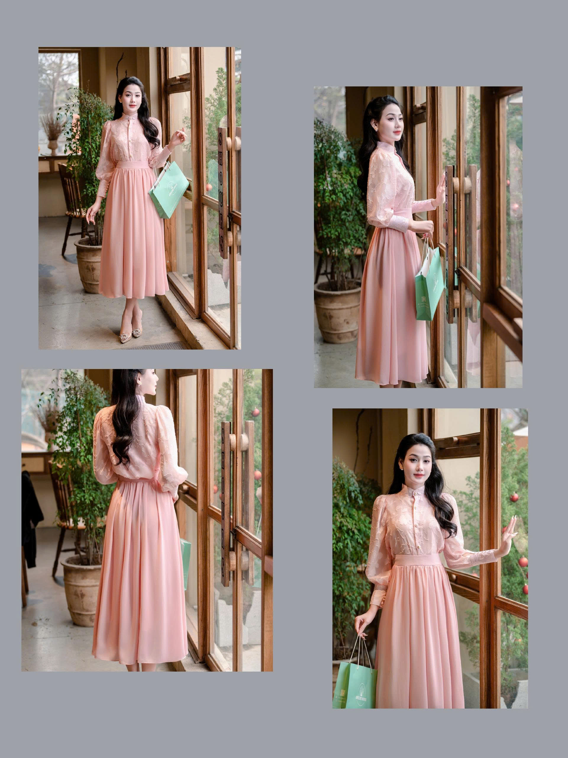 Adeline house -Thiết kế đầm midi màu hồng phấn- TK162.4 SIZE XS S M L XL 2XL 3XL 4XL