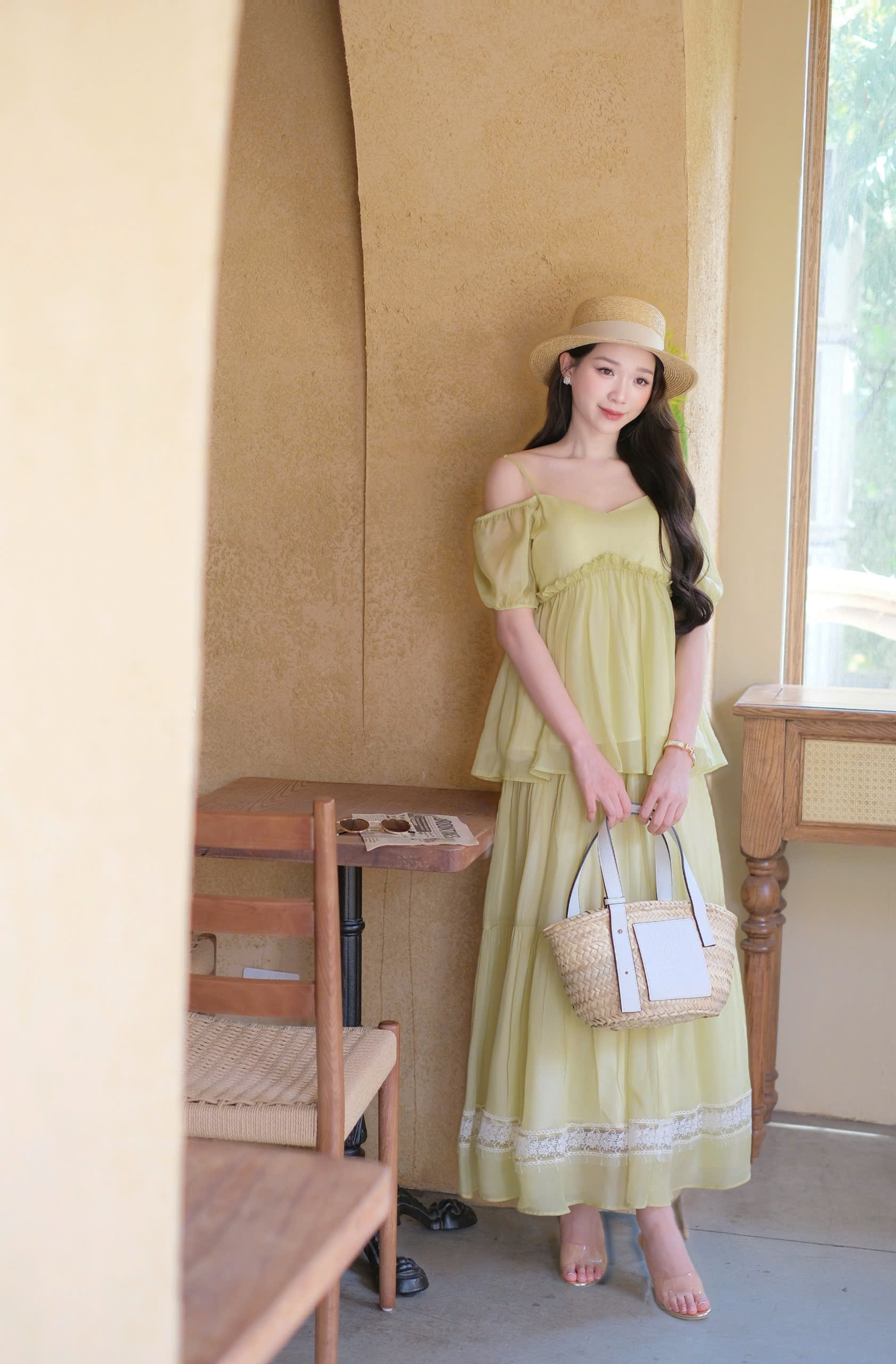 ADELINE HOUSE- Đầm Maxi Voan Xanh CốmTrễ Vai 2 Dây – Váy Dài Tầng Bồng Bềnh Nữ Tính Phong Cách Vintage Đi Biển, Du Lịch- TK79.1&nbsp;