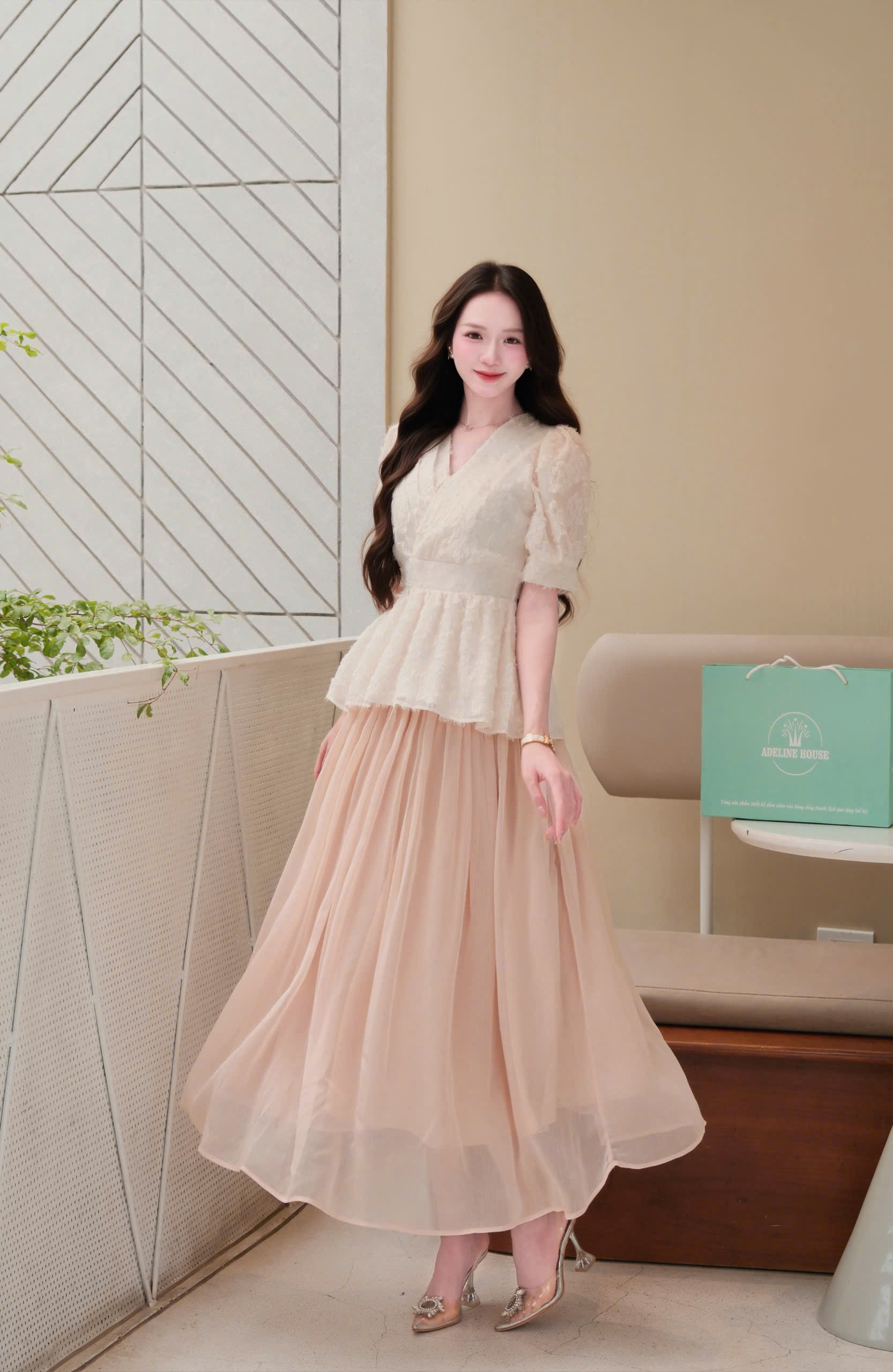 ADELINE HOUSE -  SET ÁO PEPLUM TIỂU THƯ  + CHÂN VÁY MIDI DÀI –  TK 182.1+166.3
