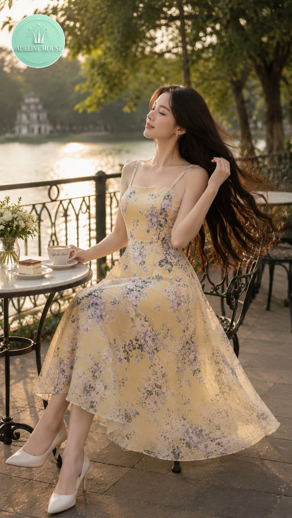 ADELINE HOUSE-Váy Hai Dây Hoa Tím Nền Vàng Pastel TK210.1