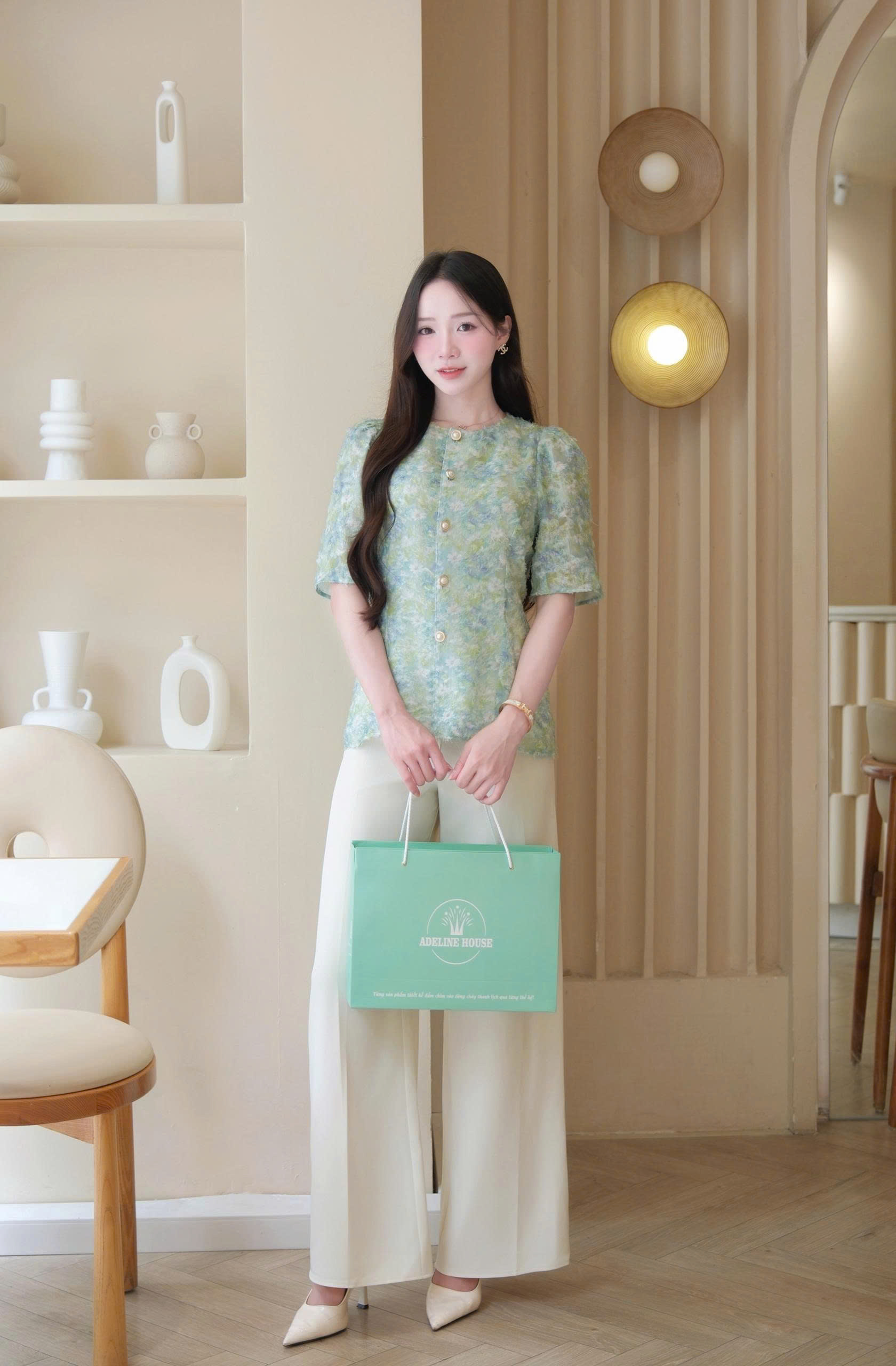 ADELINE HOUSE- SET ÁO HOA XANH + QUẦN SUÔNG THANH LỊCH - TK151.2 + TK189.1