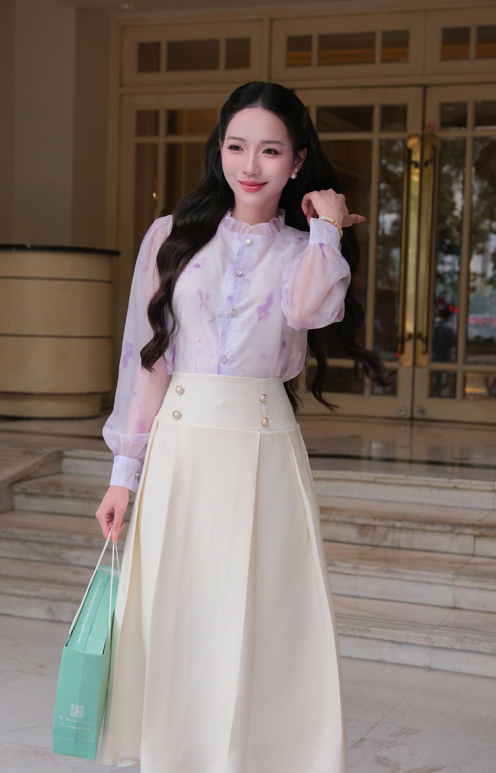 Adeline house - Chân váy MIDI dáng A xòe nhẹ đính cúc ngọc - TK165.2