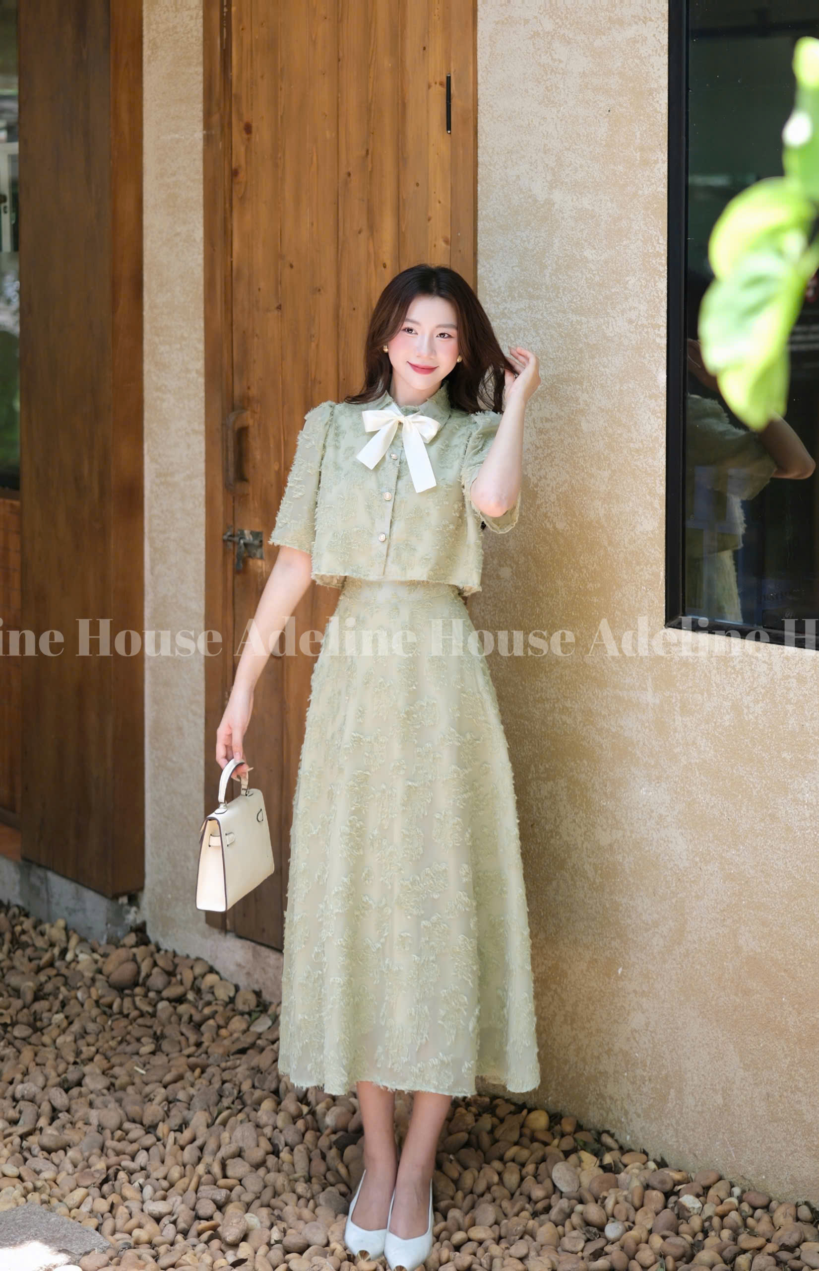 ADELINE HOUSE- Set Áo Croptop Tay Lỡ và Chân Váy Midi Xòe Hoa Nổi Pastel- TK26.1 Xanh mint SIZE S M L XL 2XL 3XL 4XL