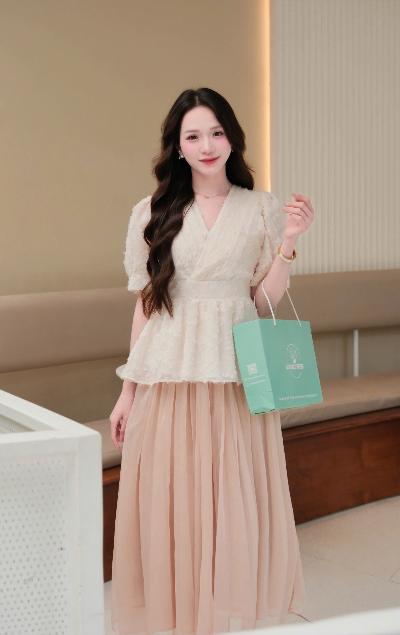 ADELINE HOUSE -  SET ÁO PEPLUM TIỂU THƯ  + CHÂN VÁY MIDI DÀI –  TK 182.1+166.3