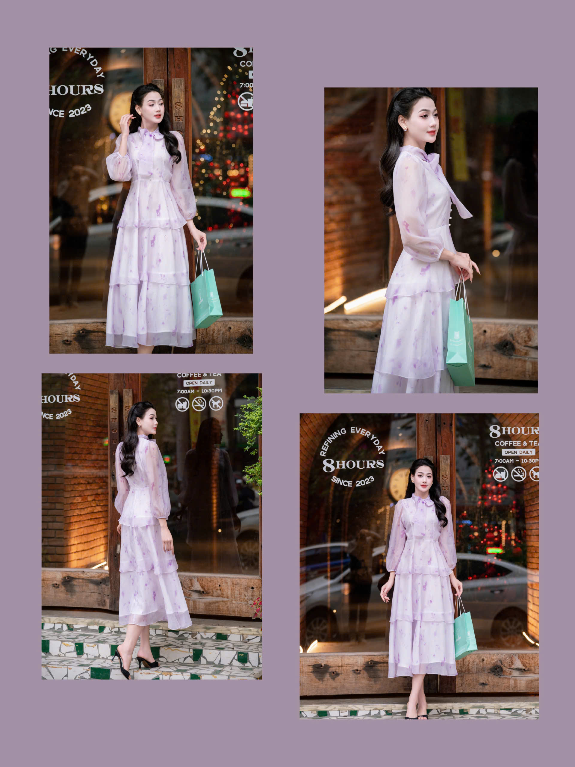 ADELINE HOUSE- Váy Voan 3 tầng nơ cổ Dew Blossom – ADELINE TK148.2 TÍM