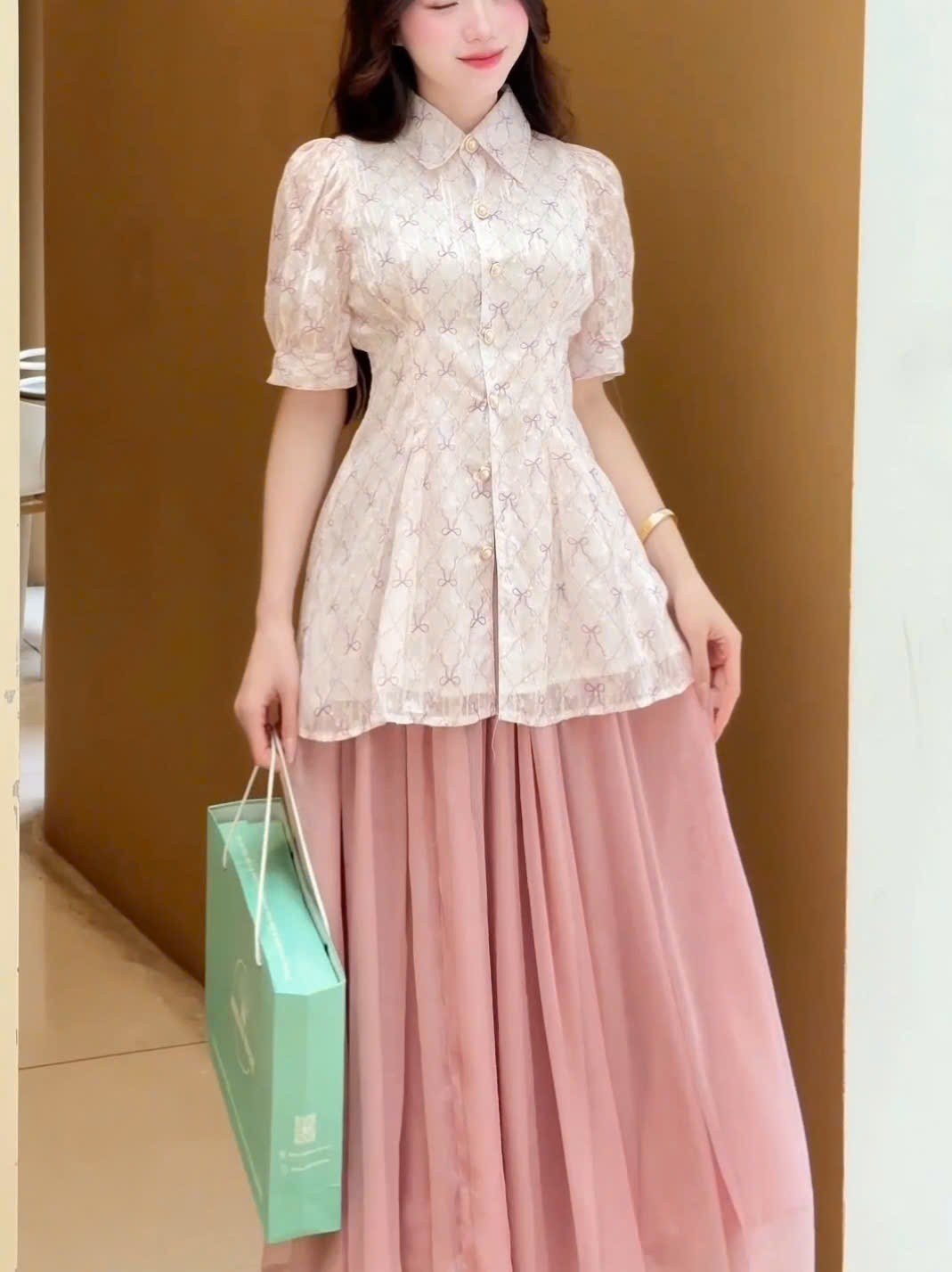 ADELINE HOUSE- Chân váy maxi dáng dài voan- Màu Hồng