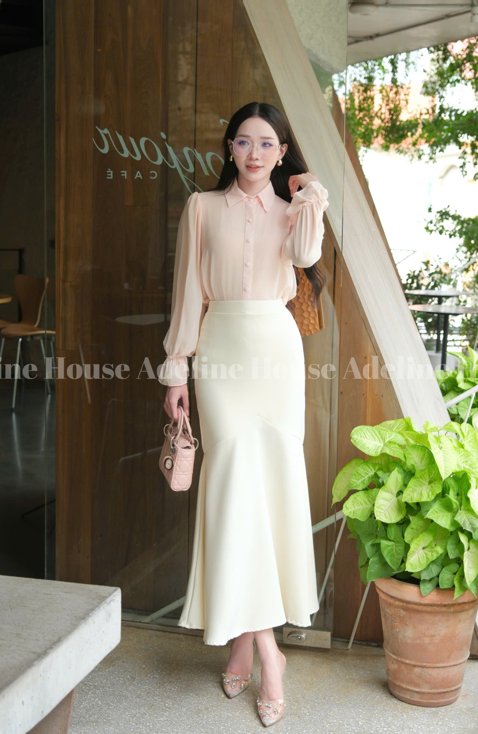 ADELINE HOUSE- SET ÁO SƠ MI CAM NUDE PASTEL+ CHÂN VÁY ĐUÔI CÁ NHẸ NHÀNG/ SET ĐỒ CÔNG SỞ- TK45.5