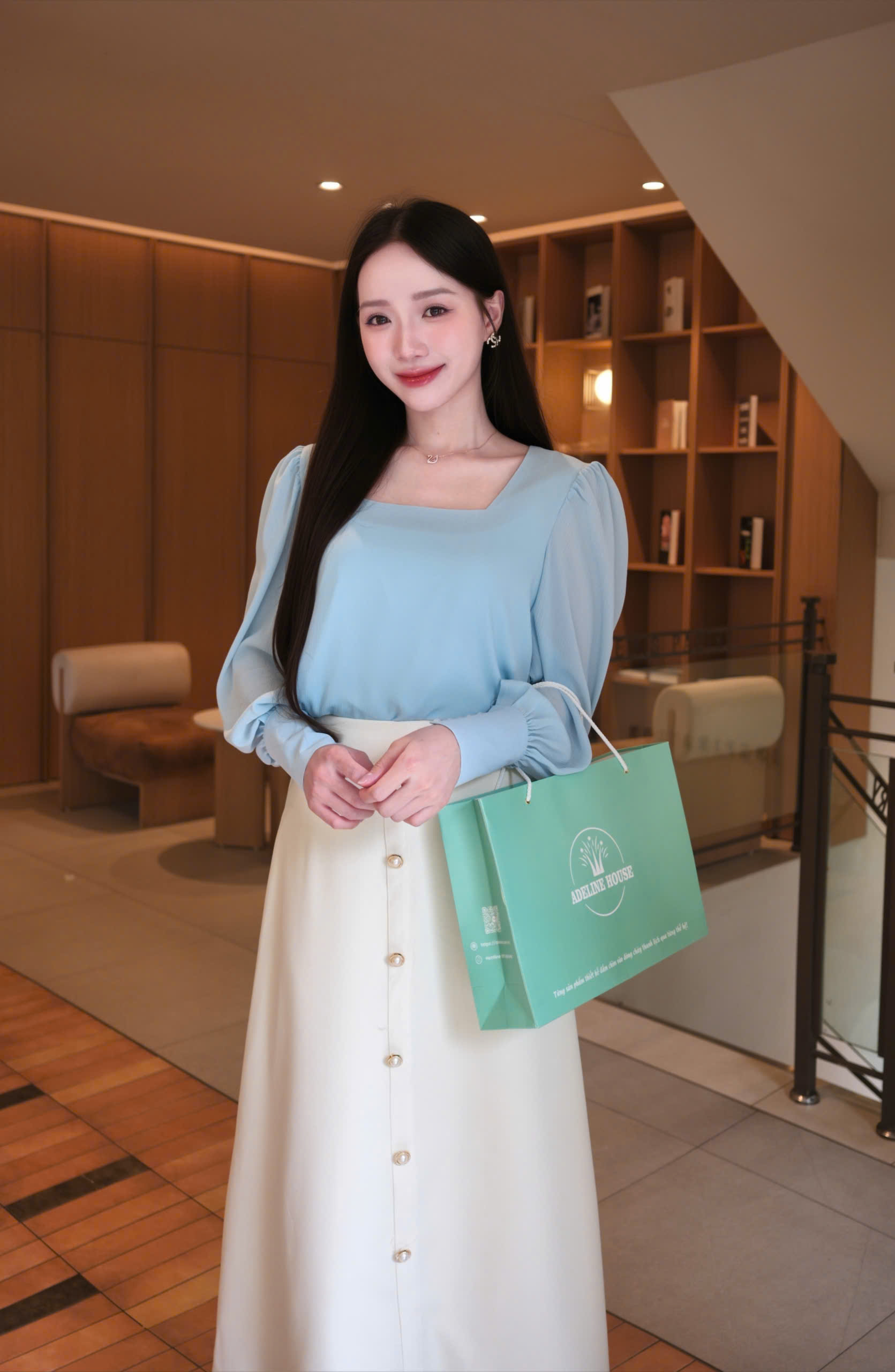 ADELINE HOUSE- SET XANH DƯƠNG PASTEL – CHÂN VÁY KEM DÁNG A- TK163.1