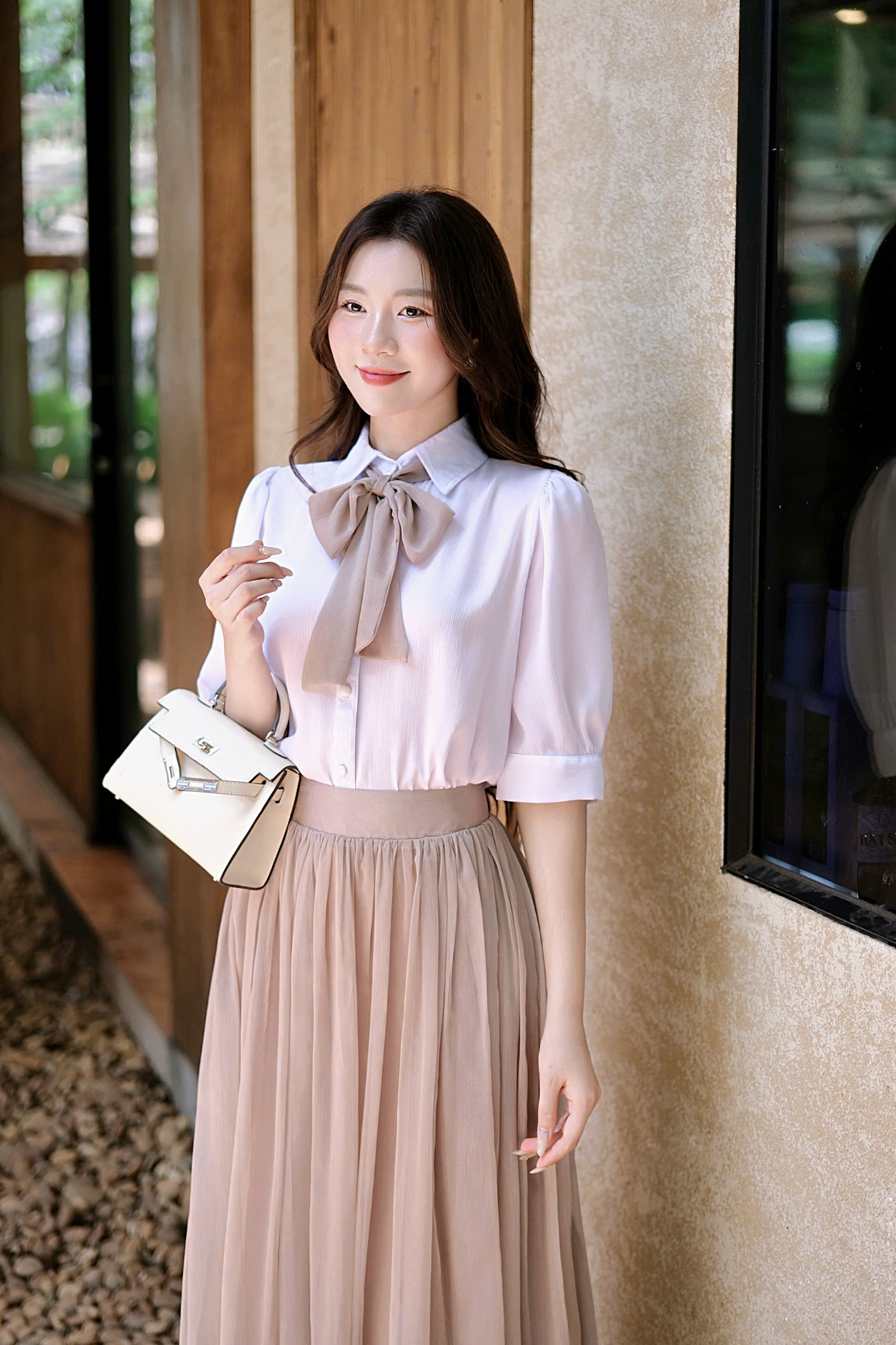 ADELINE HOUSE- Set Tiểu Thư Áo Sơ Mi Nơ Cổ Chân Váy Midi Xếp Ly- TK28.1 NÂU SIZE XS S M L XL 2XL 3XL 4XL